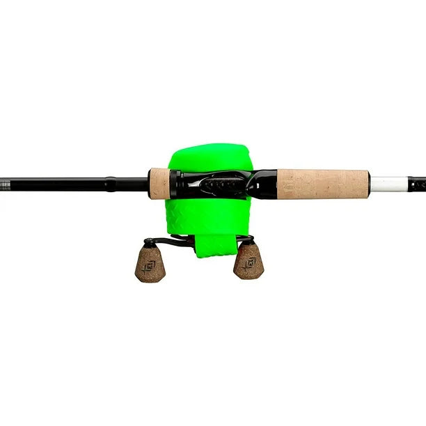 Fishing rod with a green reel cover on a white background