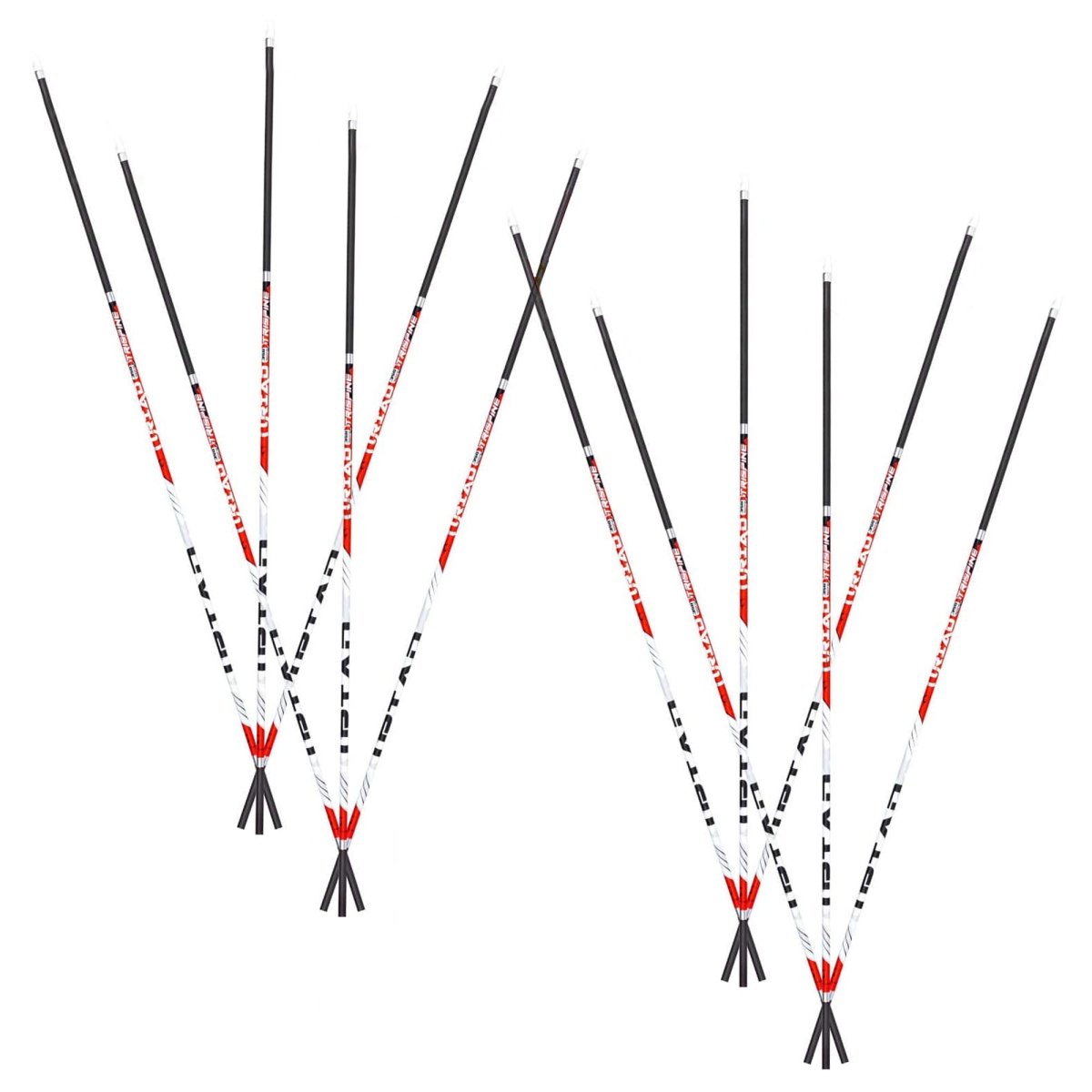 Set of ski poles with red and black tried extreme small diameter arrows design on a white background