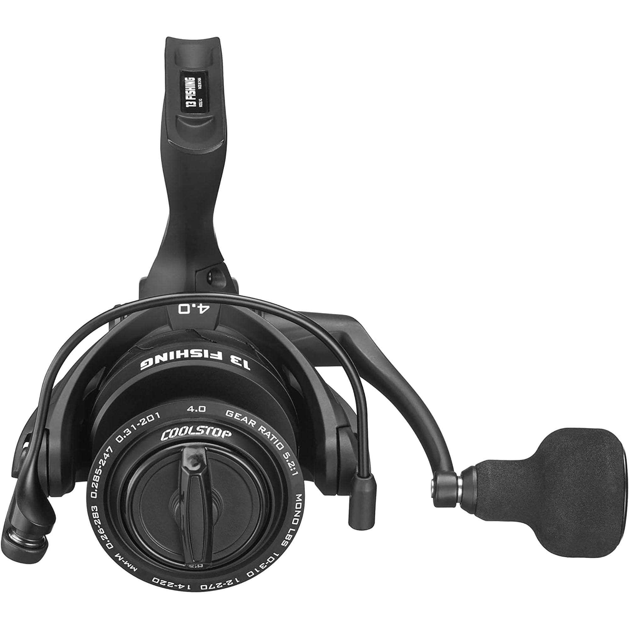 Black fishing reel with visible branding on a white background