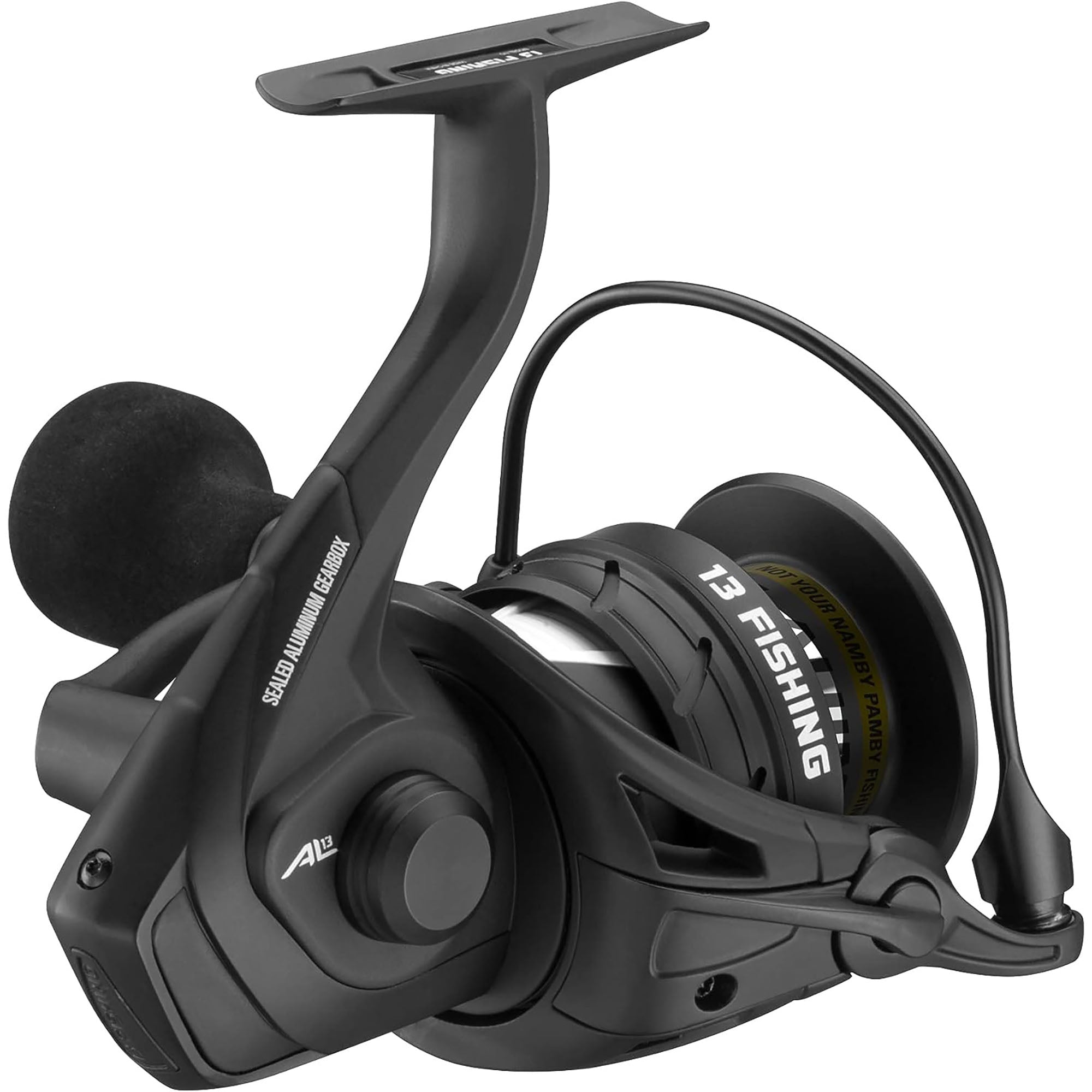 Black fishing reel with visible branding on a white background