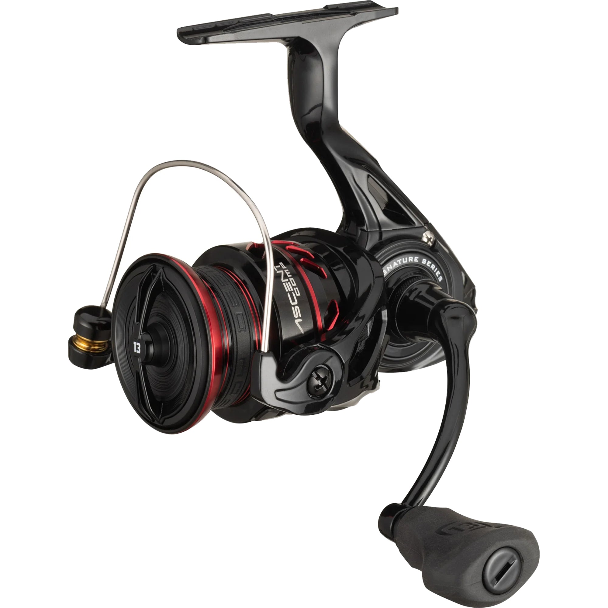 Fishing reel with black and red design on a white background