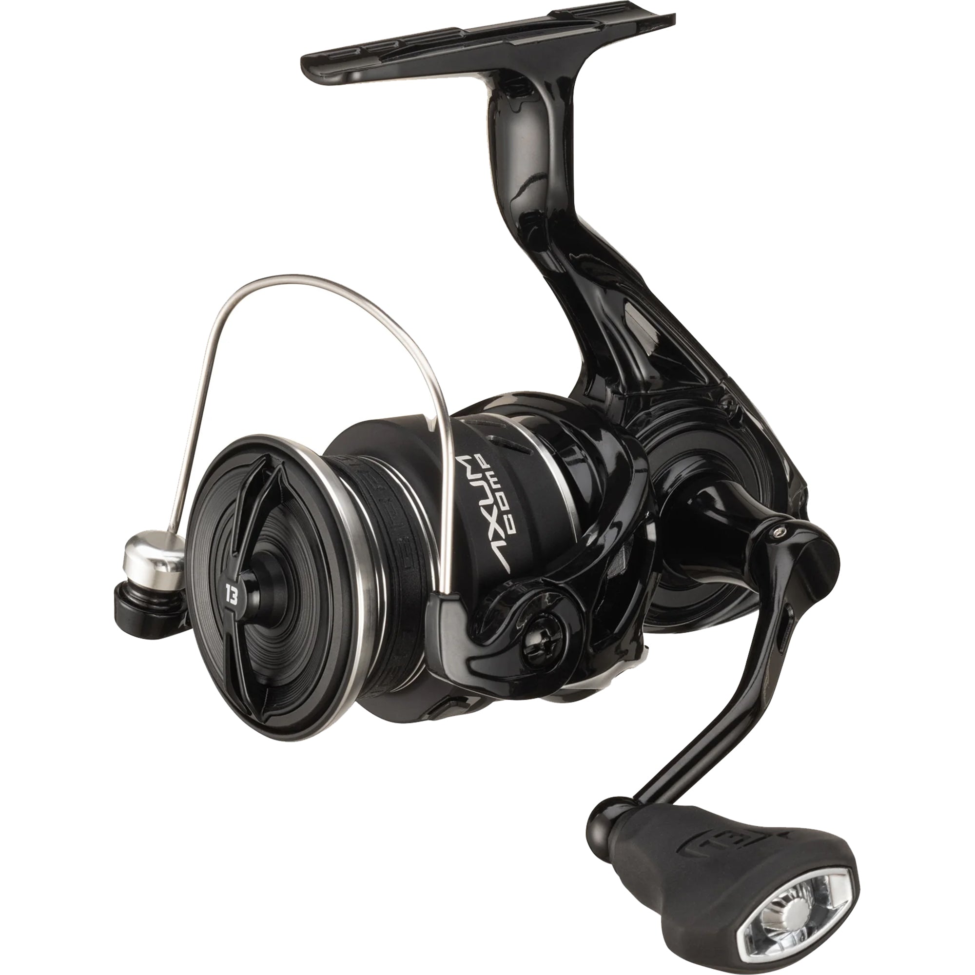 Black fishing reel on a white background