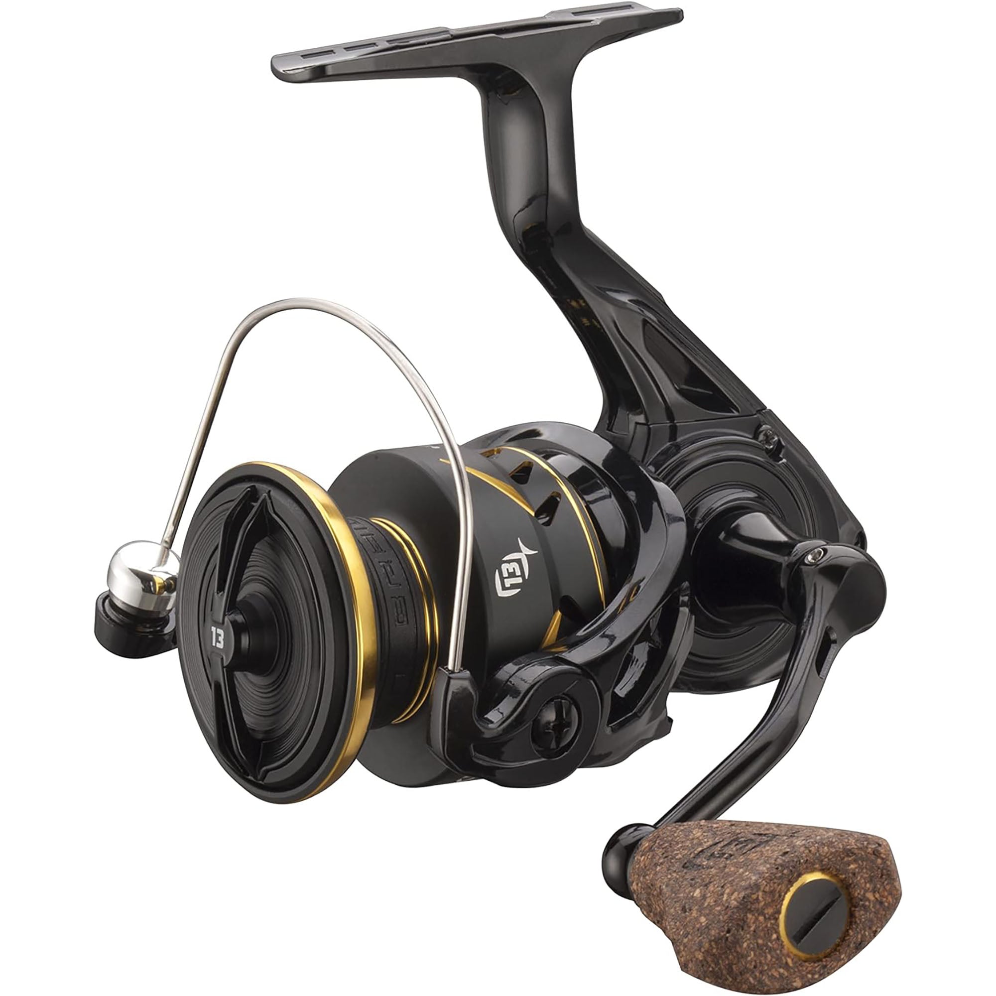 Fishing reel with cork handle on a white background