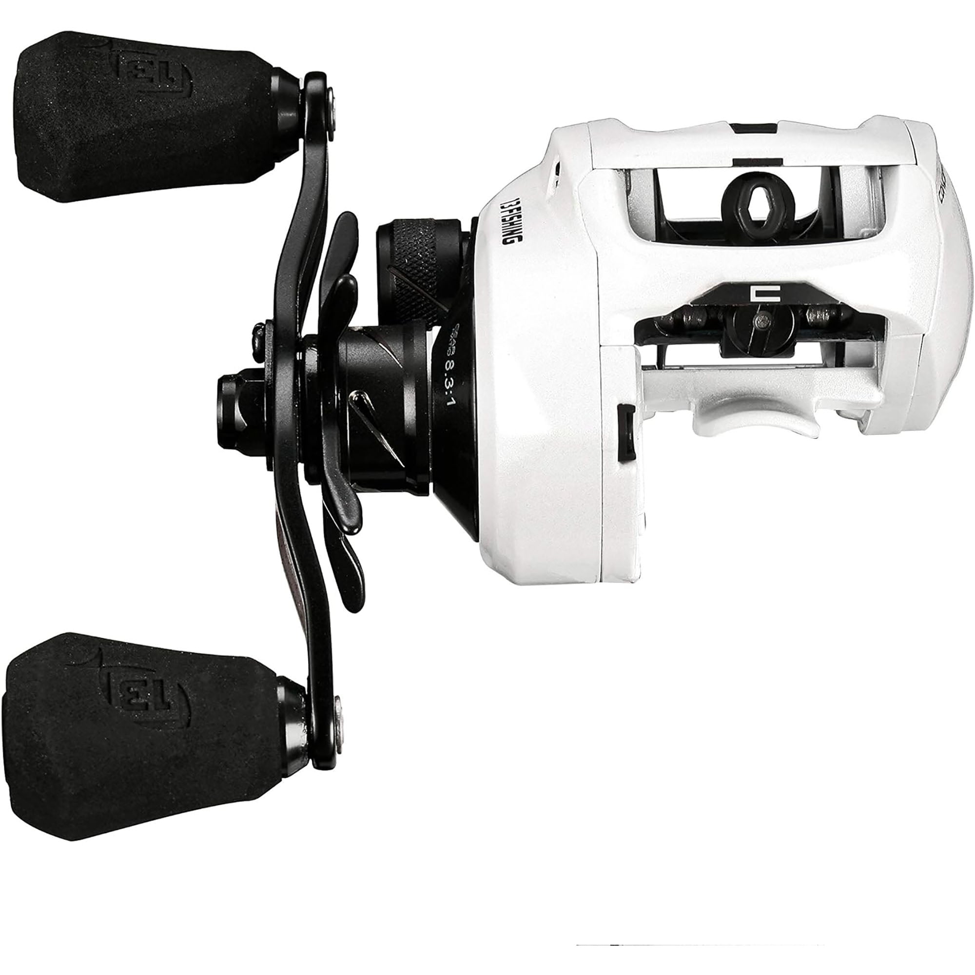 Fishing reel with black and white design on a white background