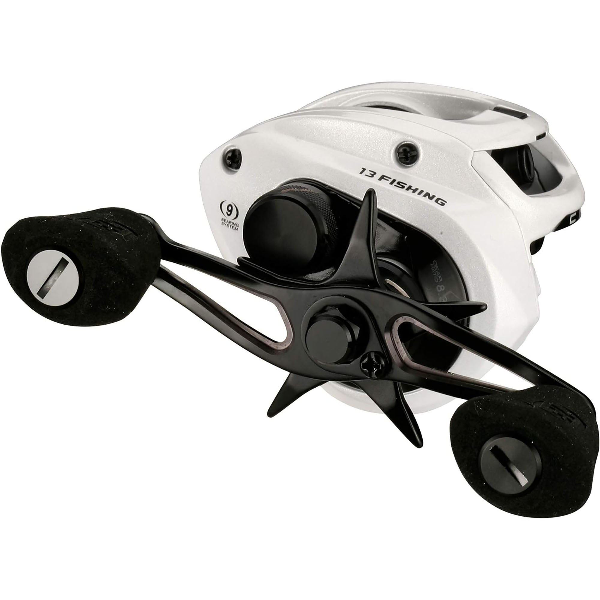 Fishing reel with white frame and black components on a white background