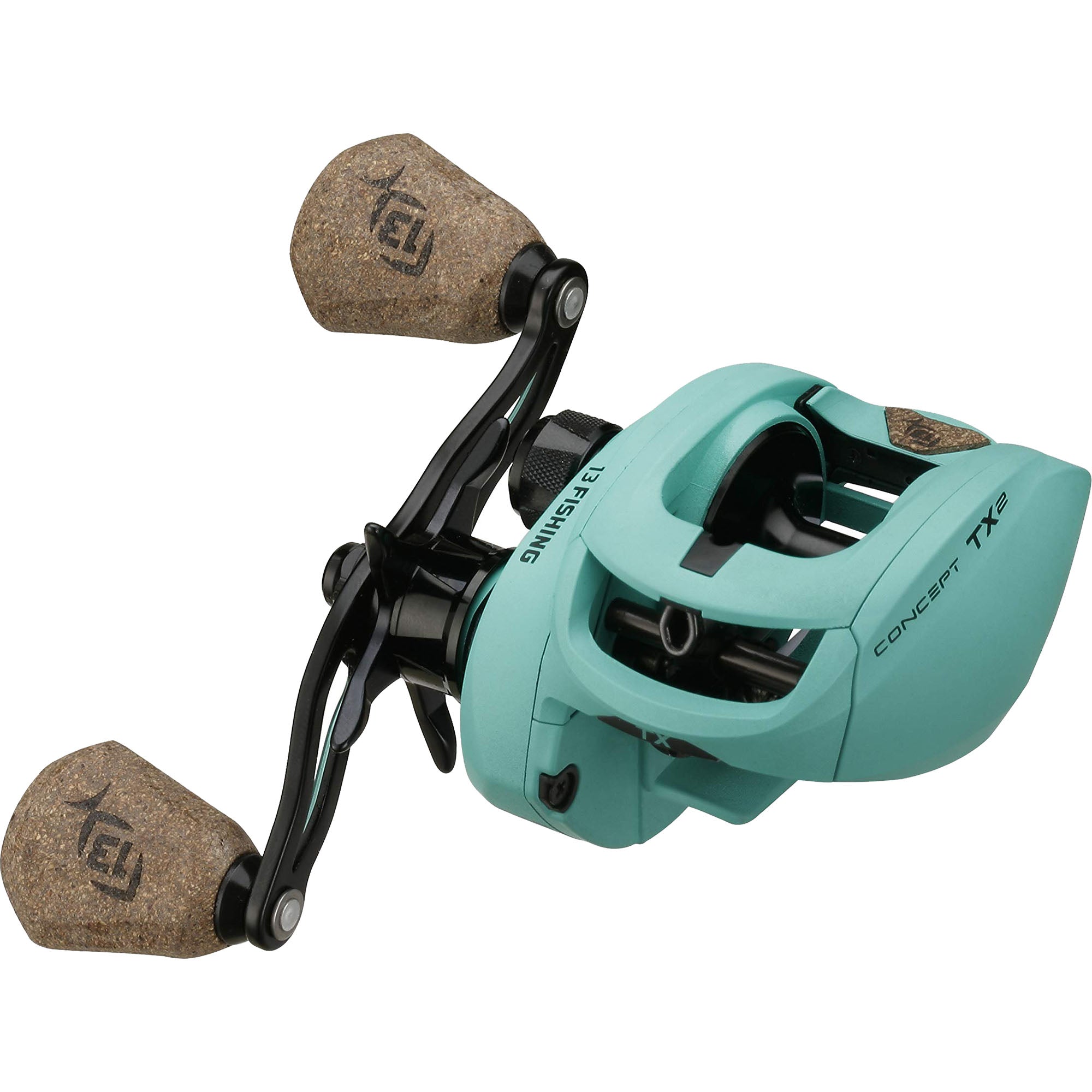 Teal fishing reel with cork handles on a white background
