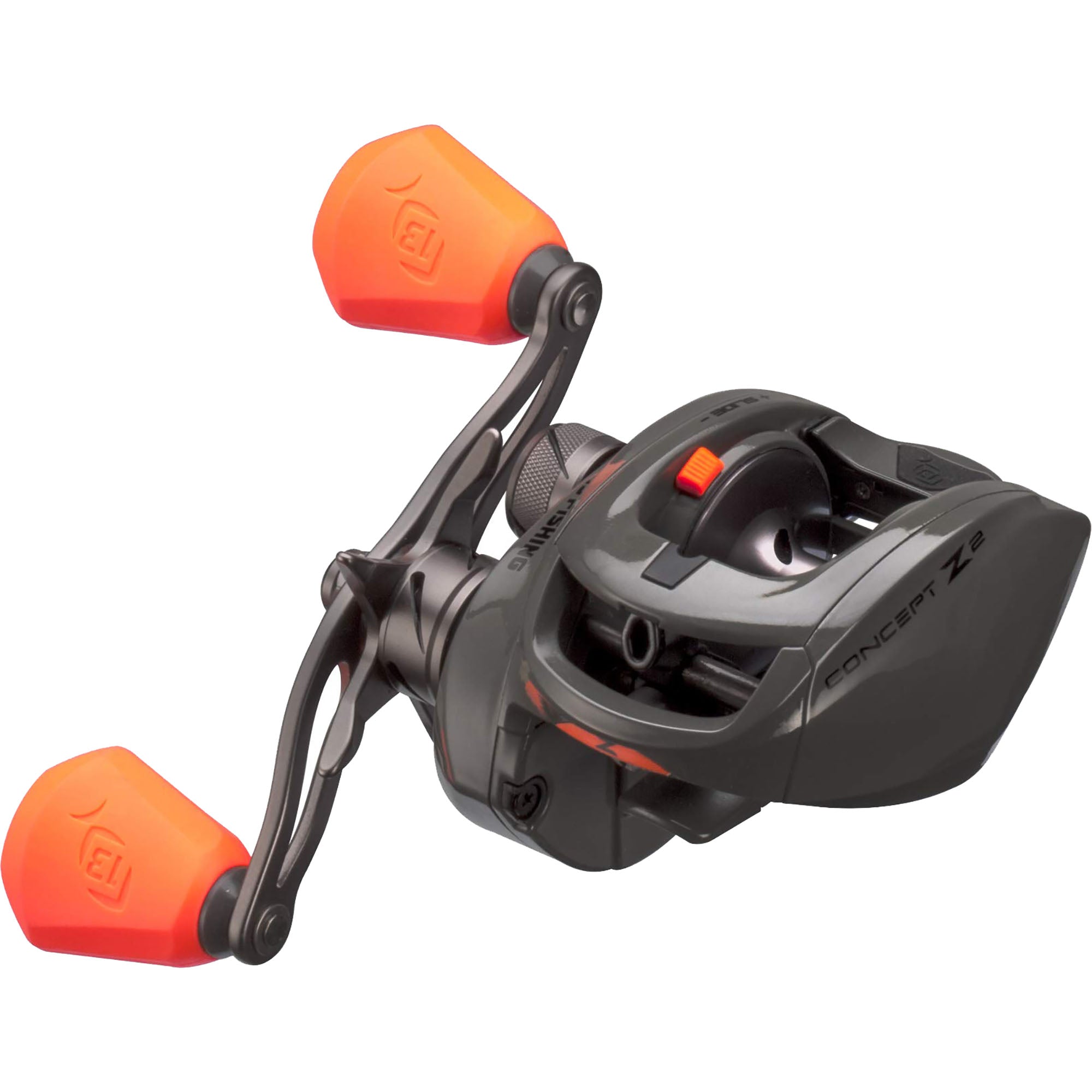 Fishing reel with orange handles on a white background
