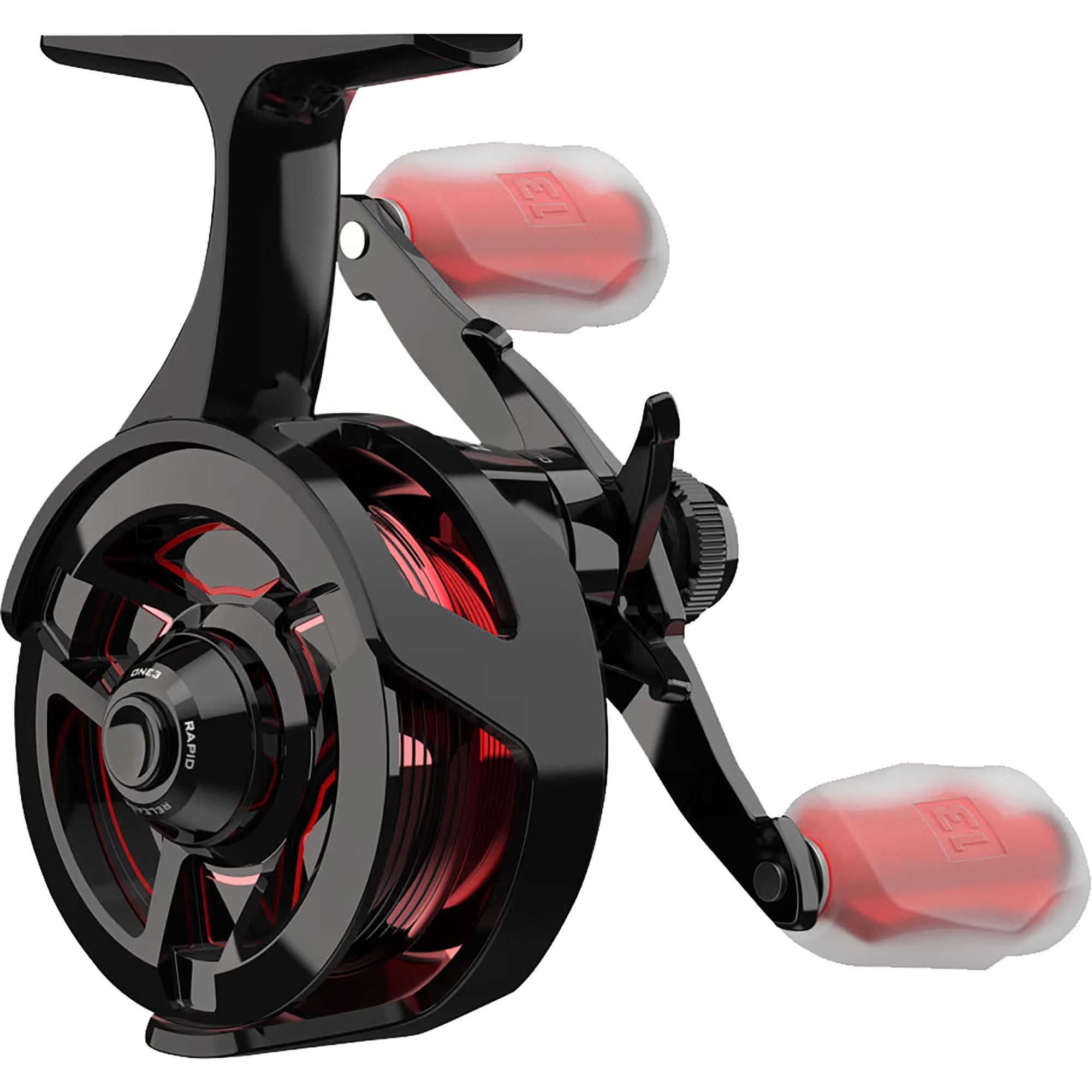 Fishing reel with black and red design on a white background