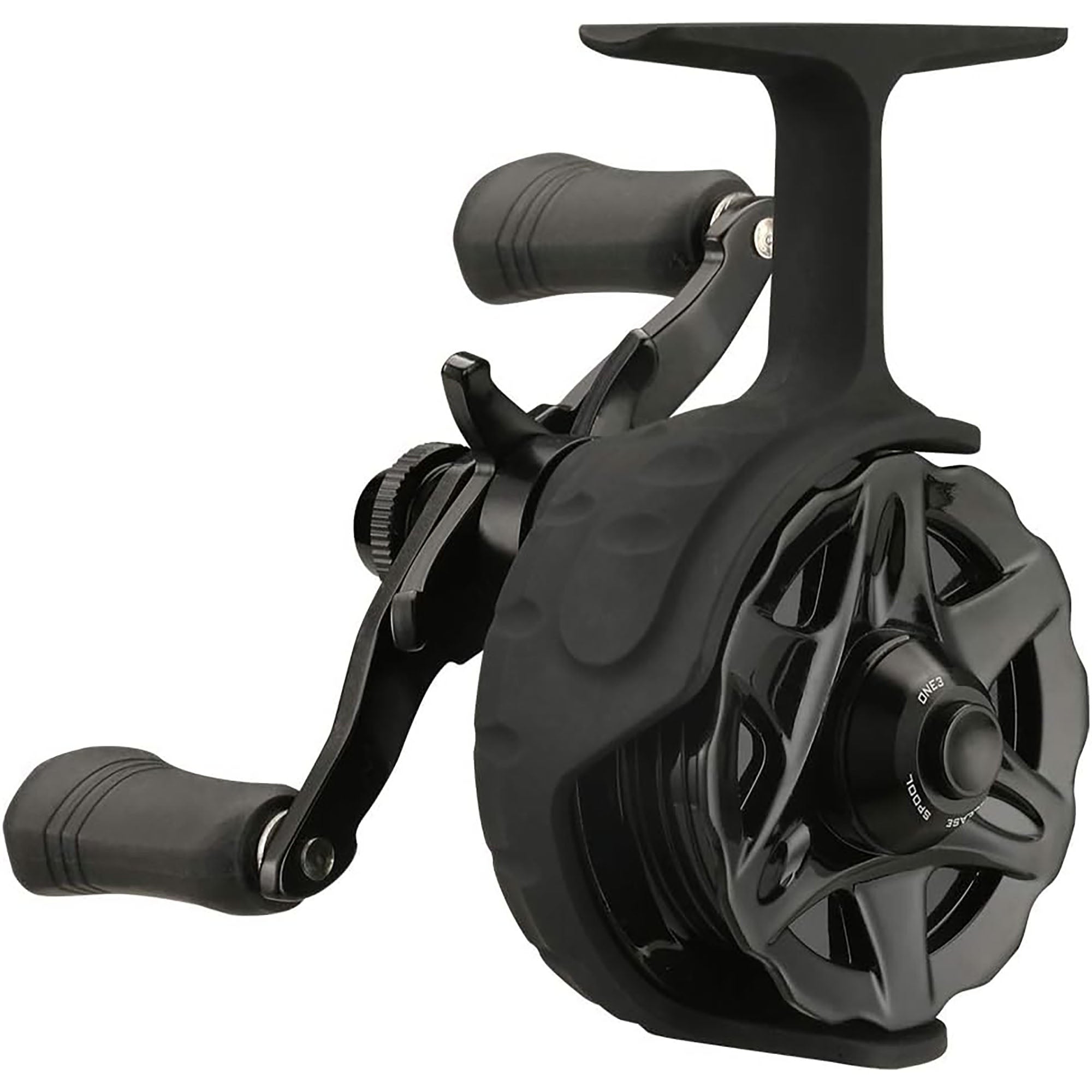 Black fishing reel on a white background