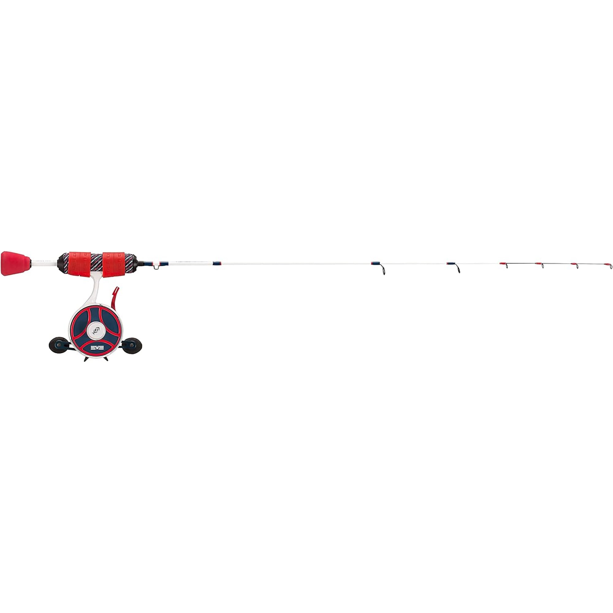 Fishing rod with red and black reel on a white background