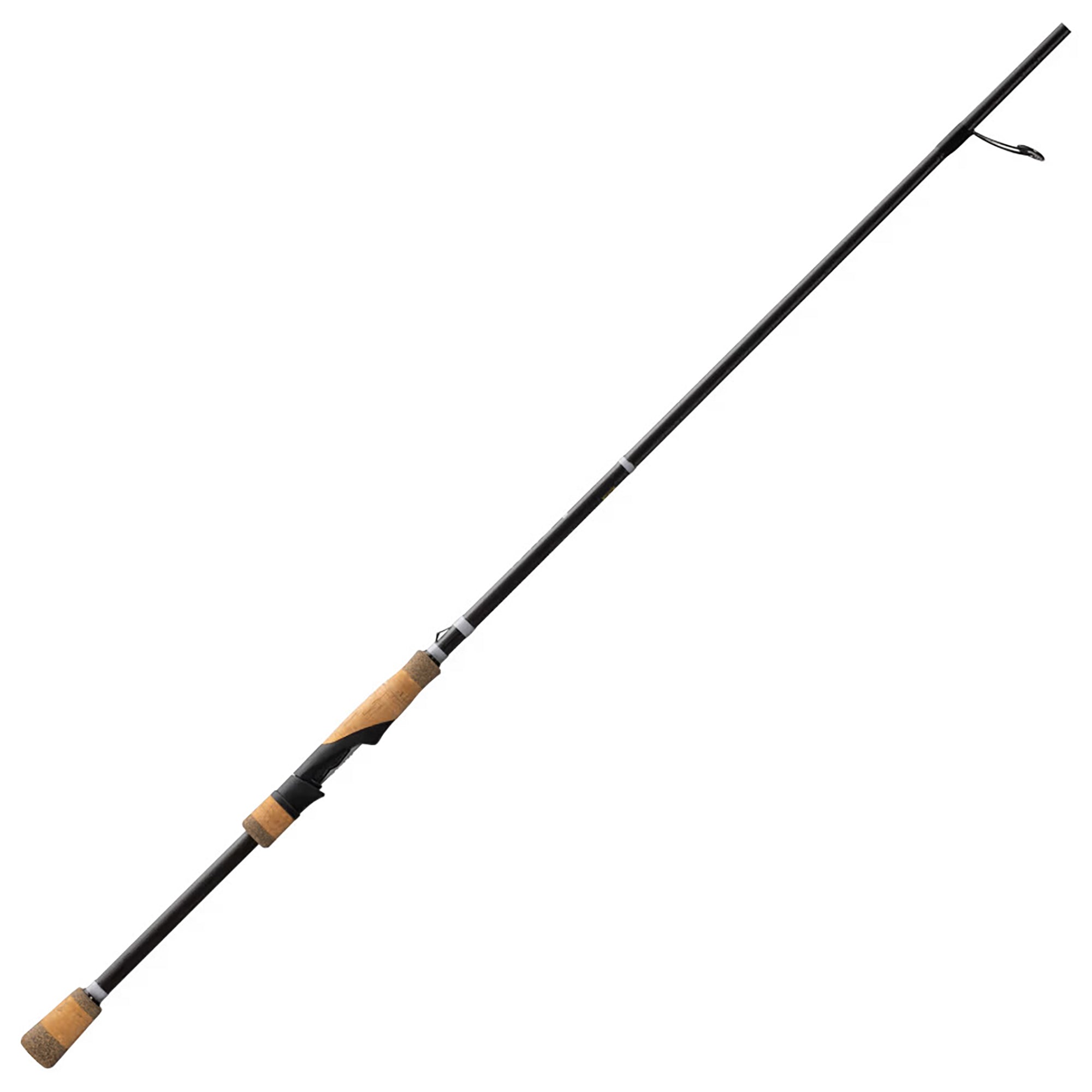 Fishing rod with black and brown handle on a white background
