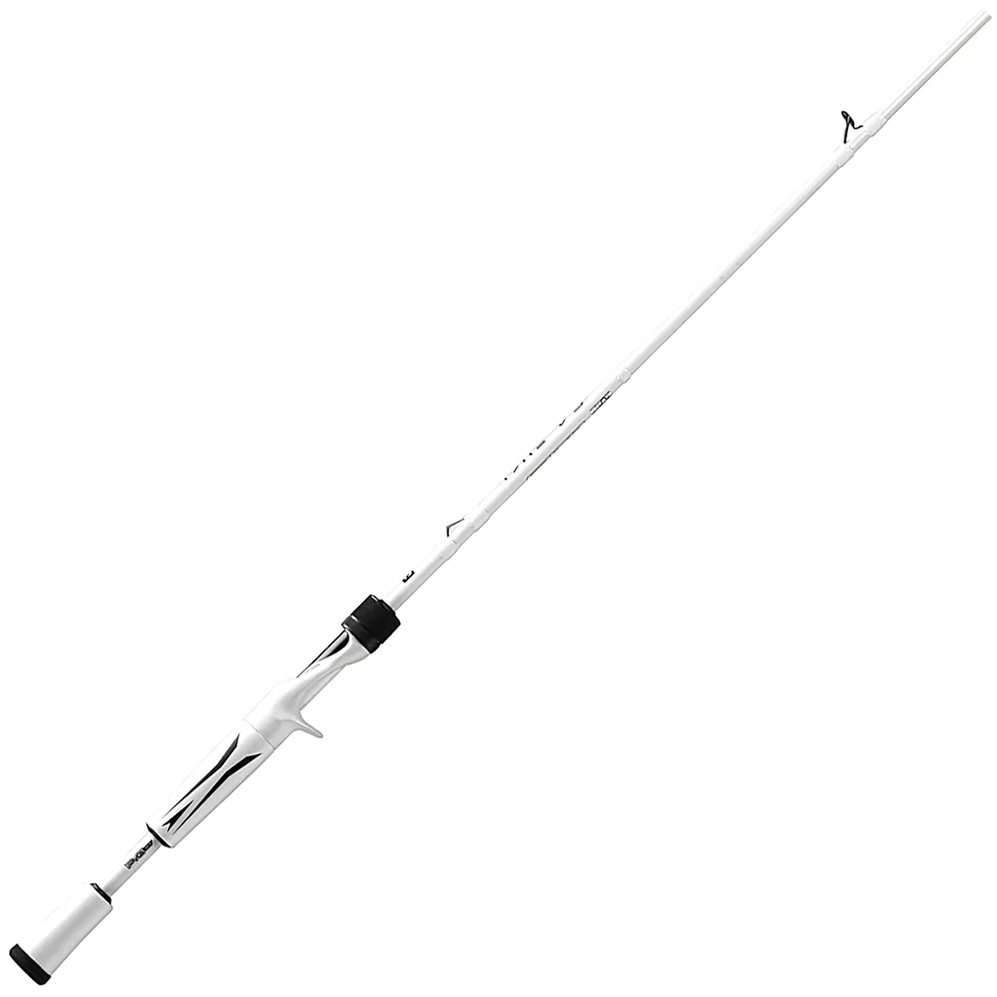 Fishing rod with white handle and black reel on a white background