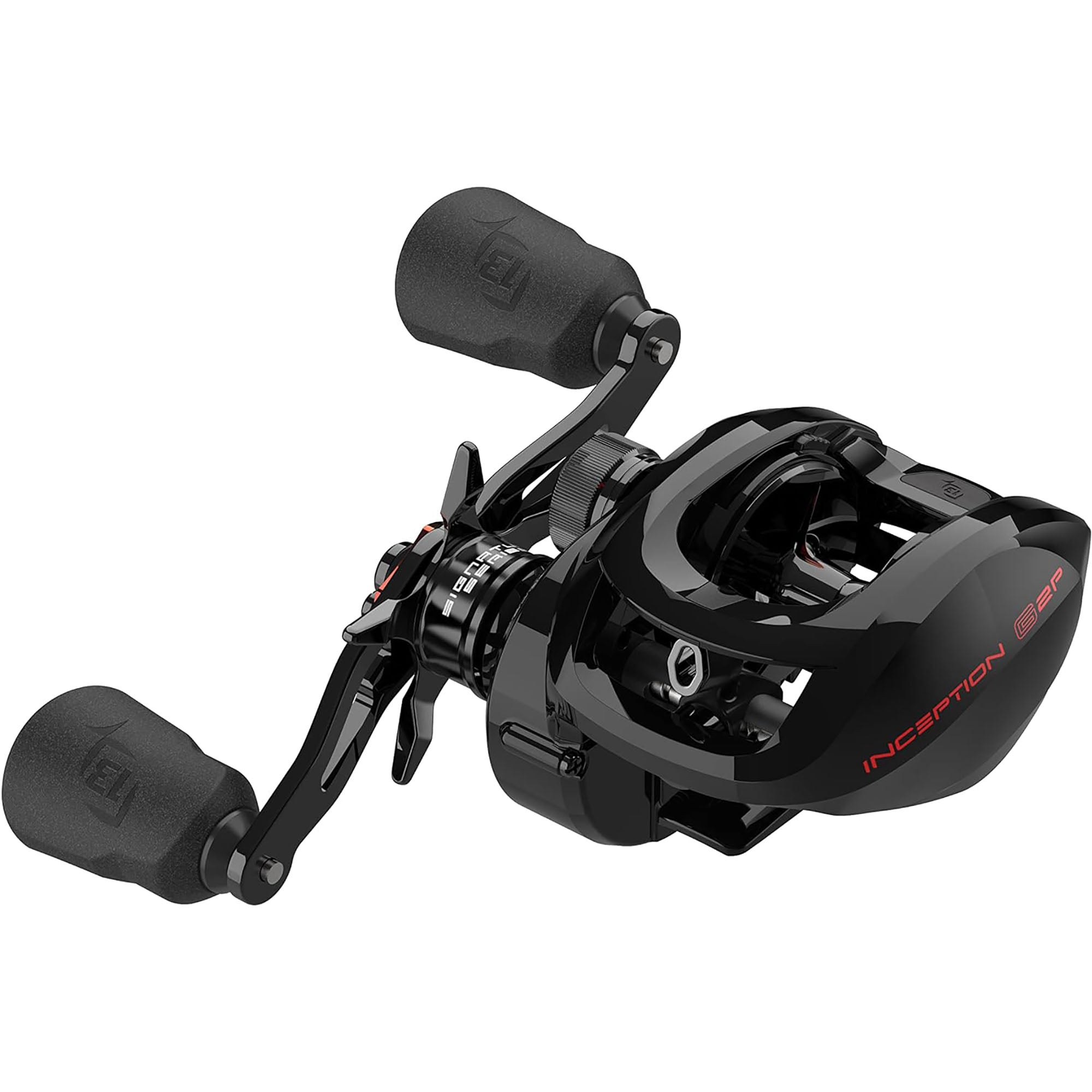 Black fishing reel with red text on a white background
