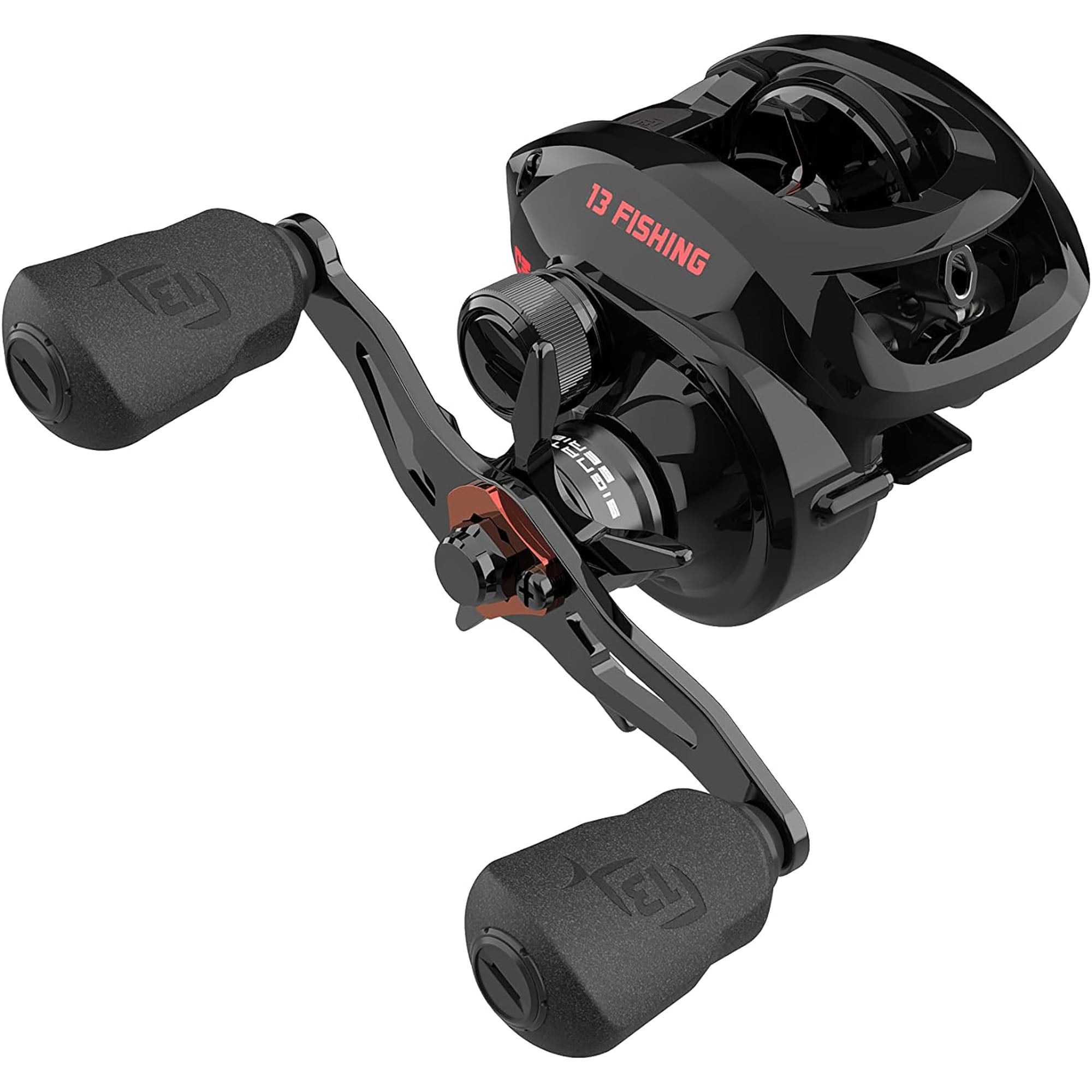 Black fishing reel with visible branding on a white background