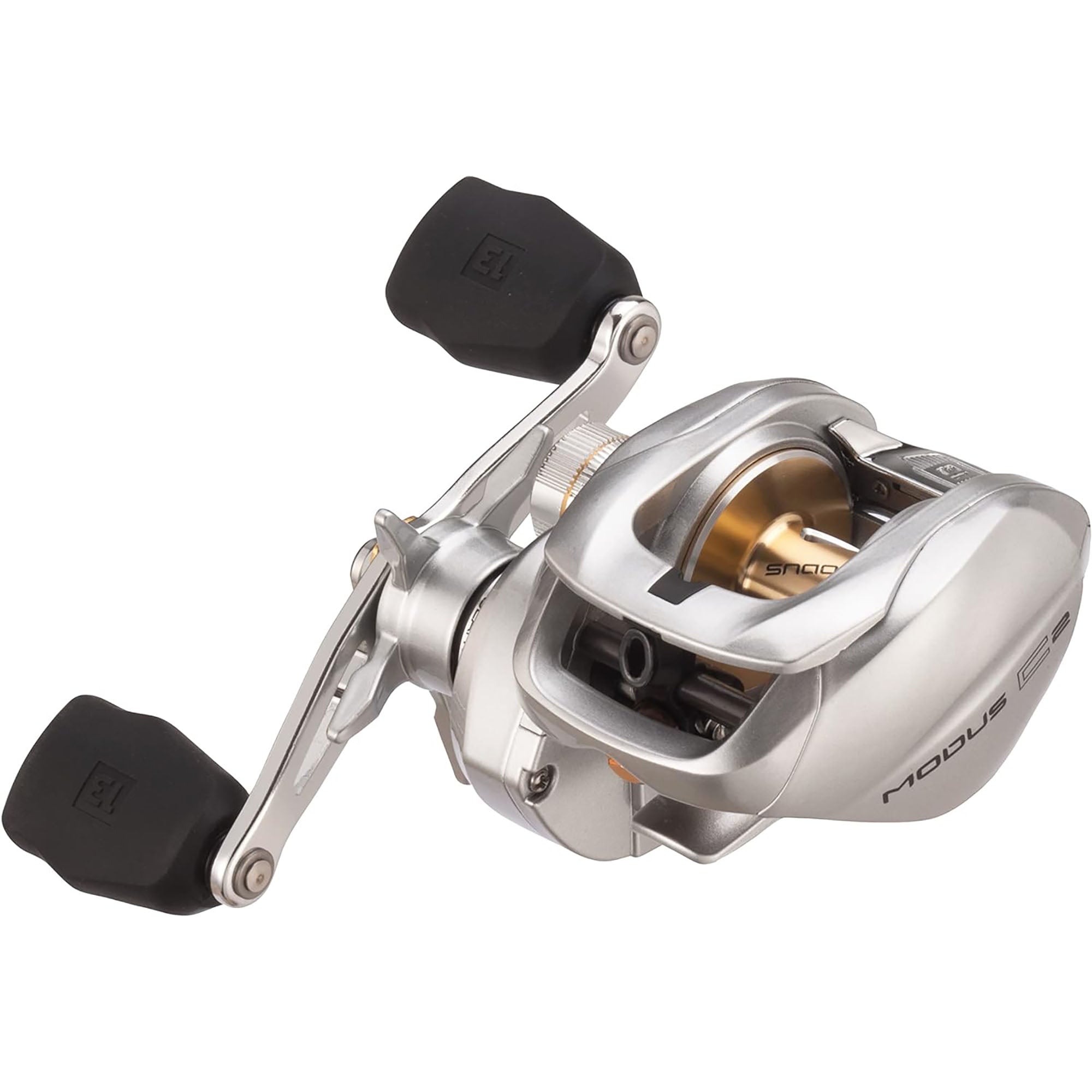 Fishing reel with metallic finish on a white background