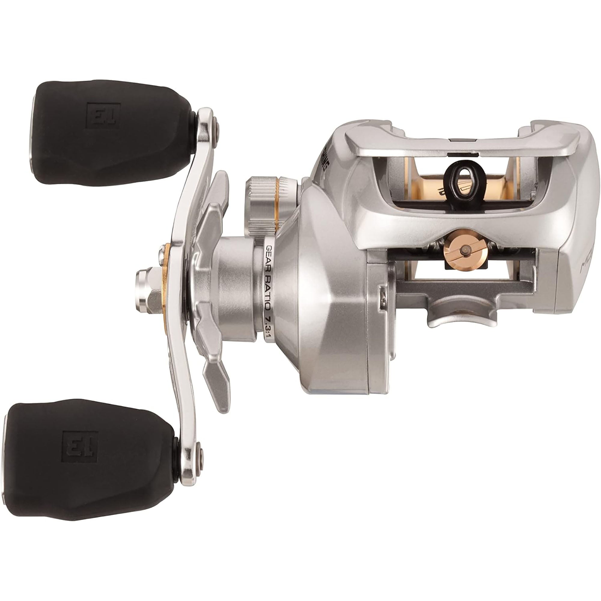 Close-up of a fishing reel with metallic finish and black handles on a white background