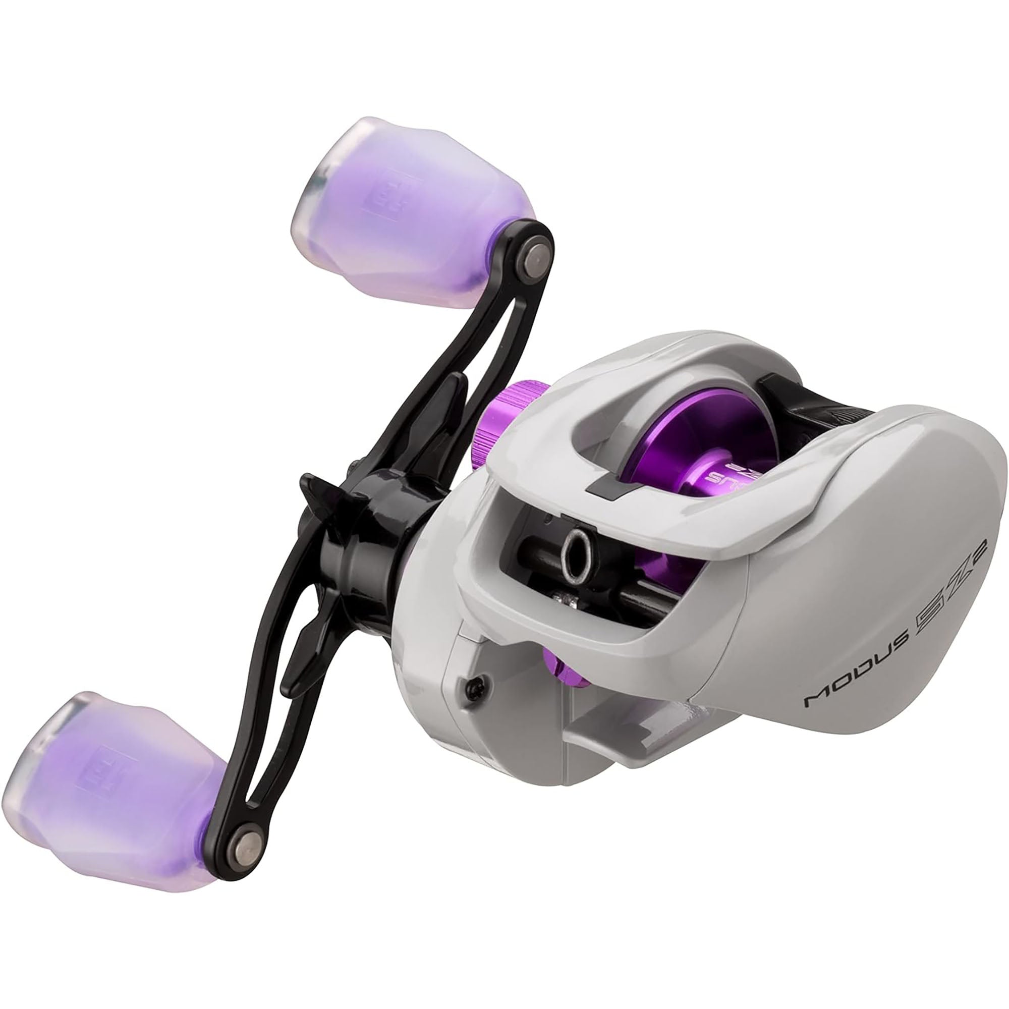 Fishing reel with purple accents on a white background