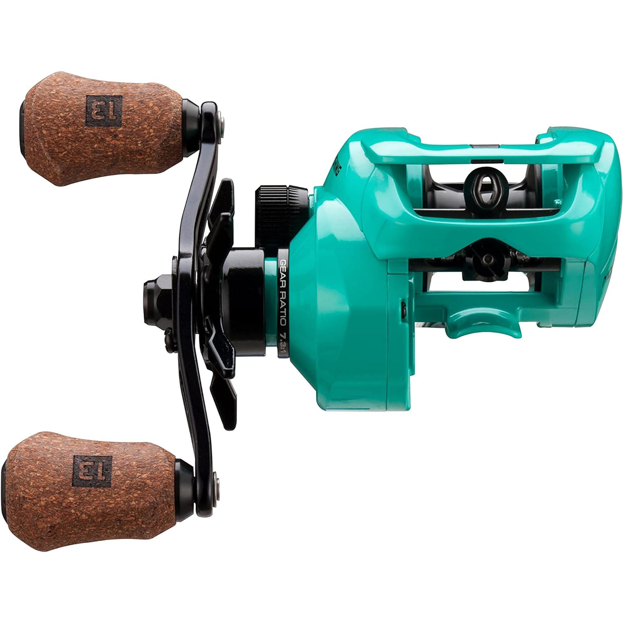 Teal fishing reel with cork handles on a white background