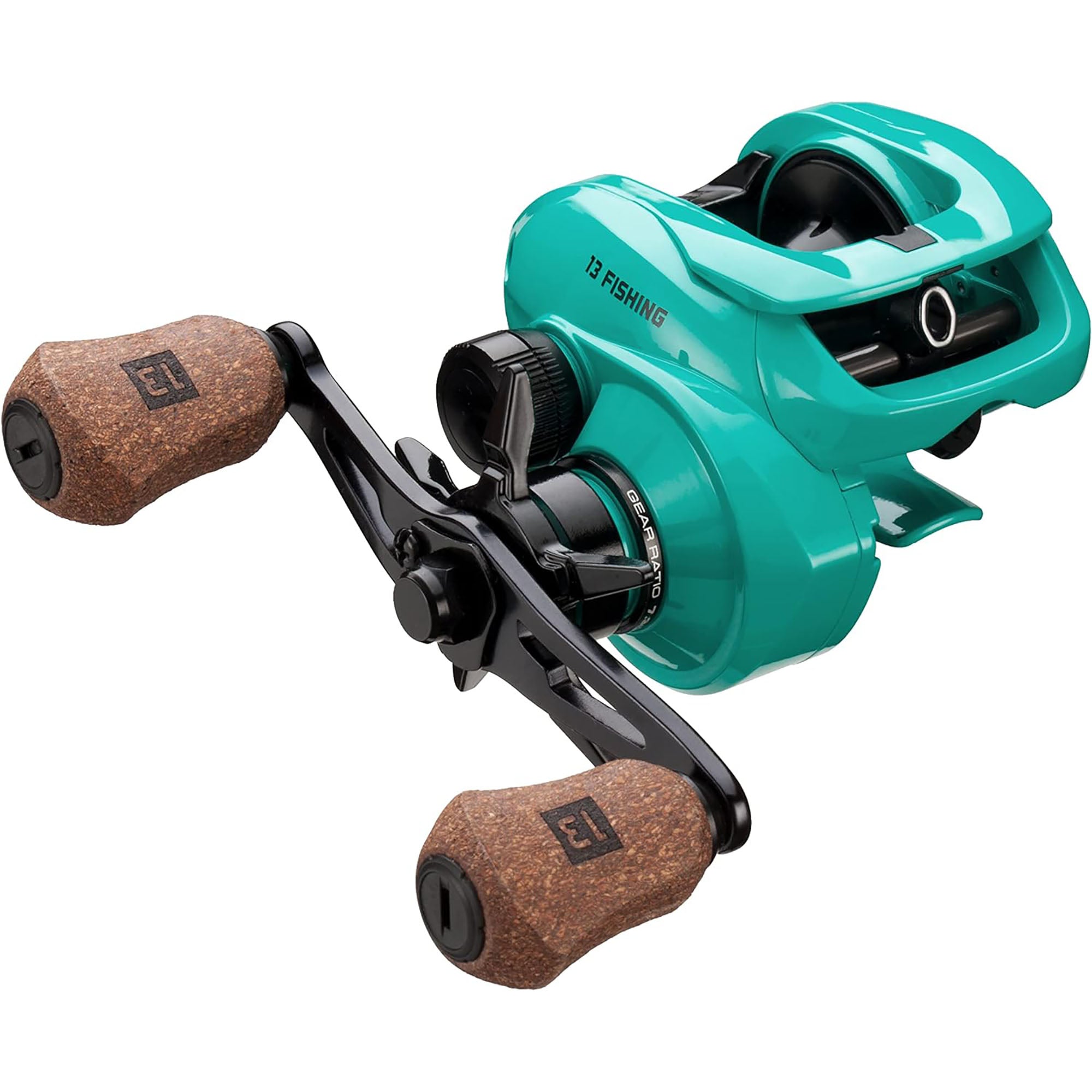Teal fishing reel with cork handles on a white background