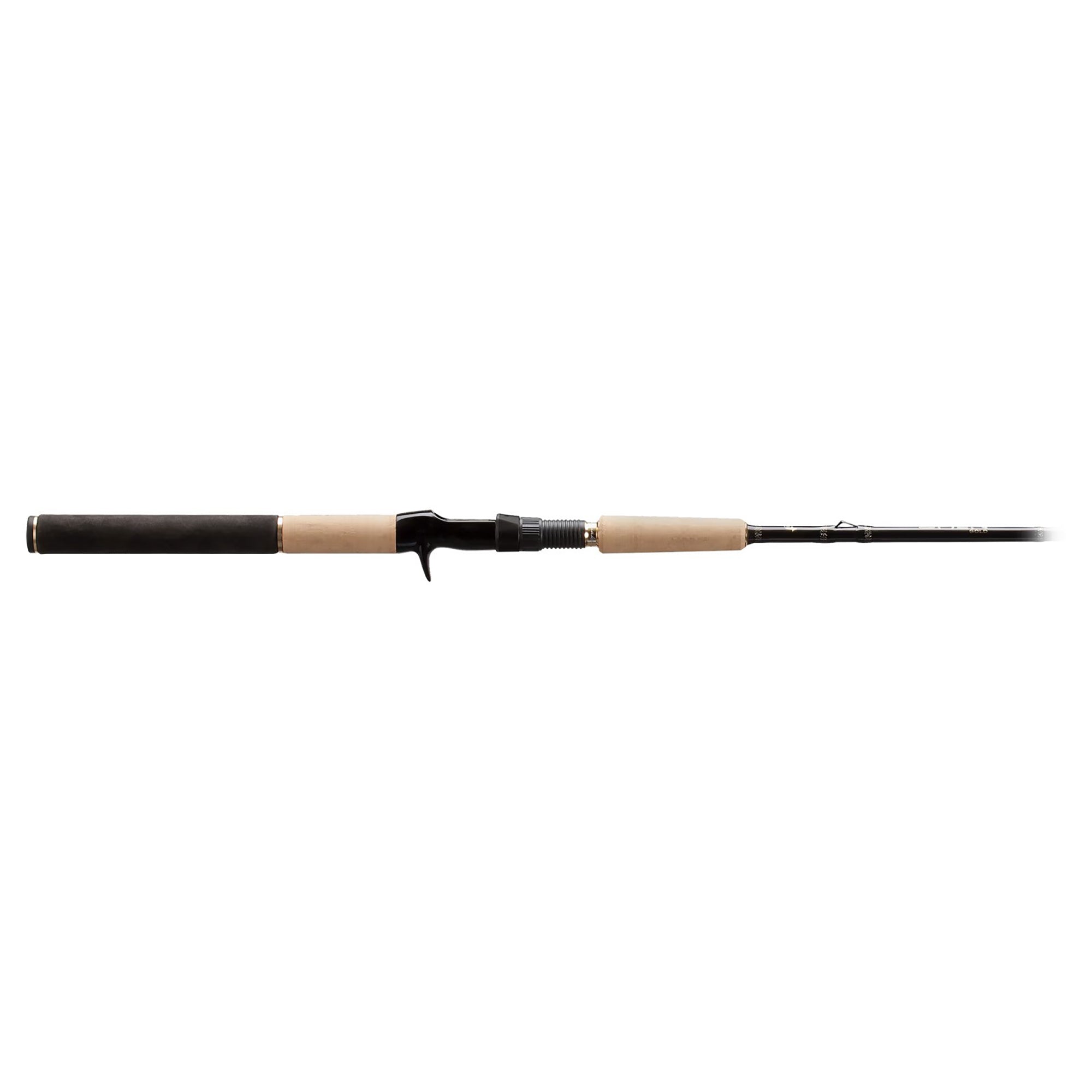 Fishing rod with black and beige handle on a white background