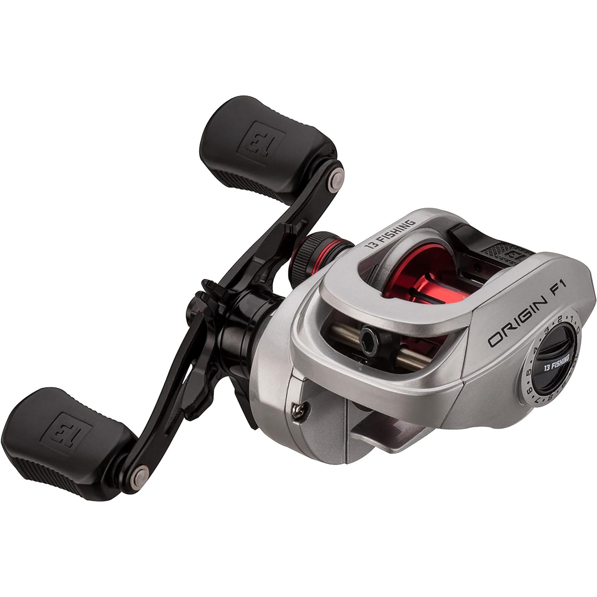 Fishing reel with 'Origin F1' branding on a white background