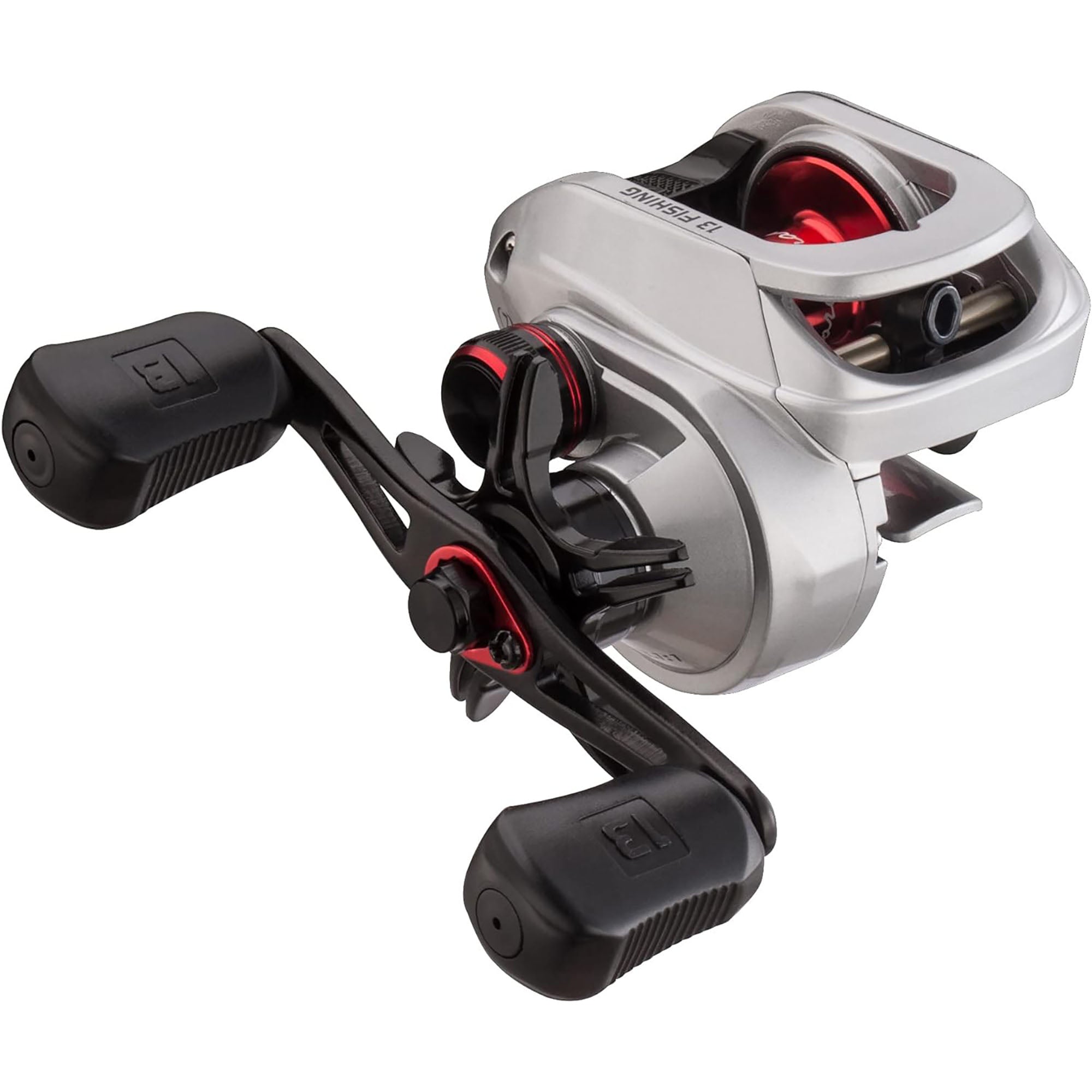 Fishing reel with black and silver design on a white background