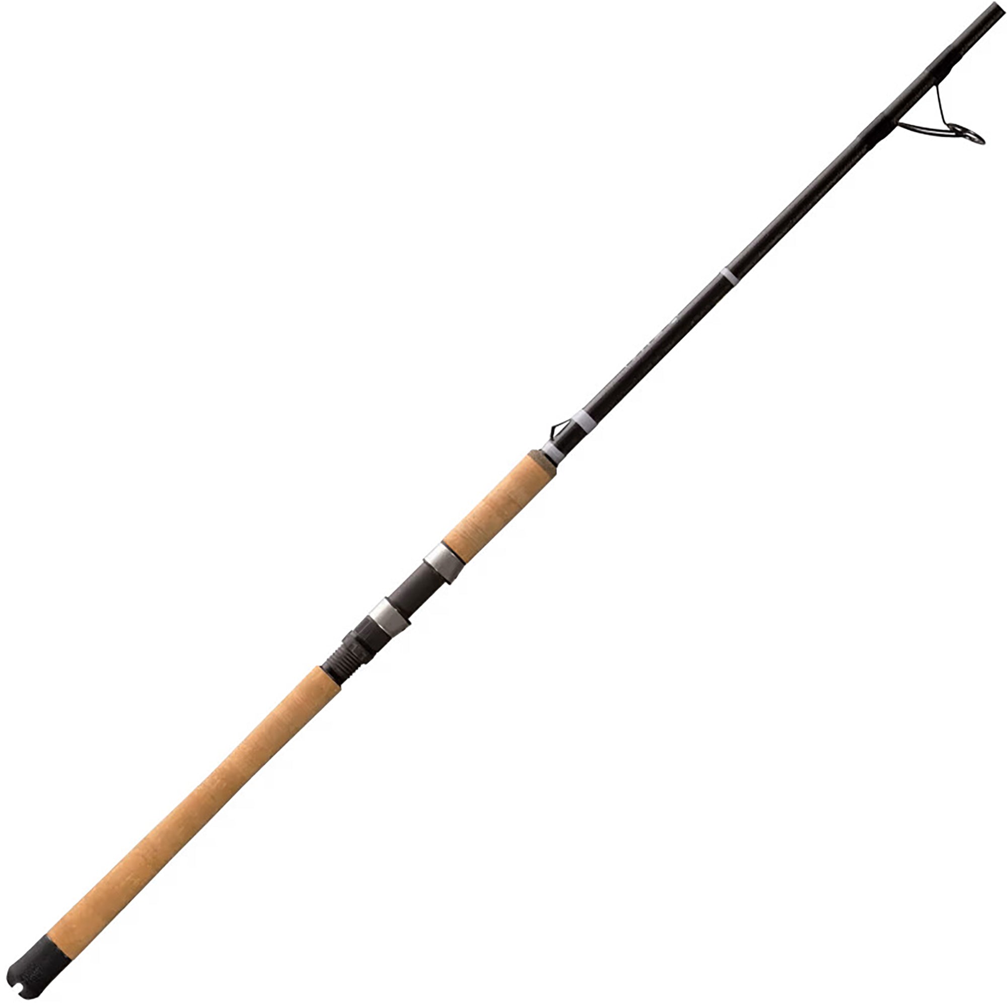 Fishing rod with a black and brown handle on a white background