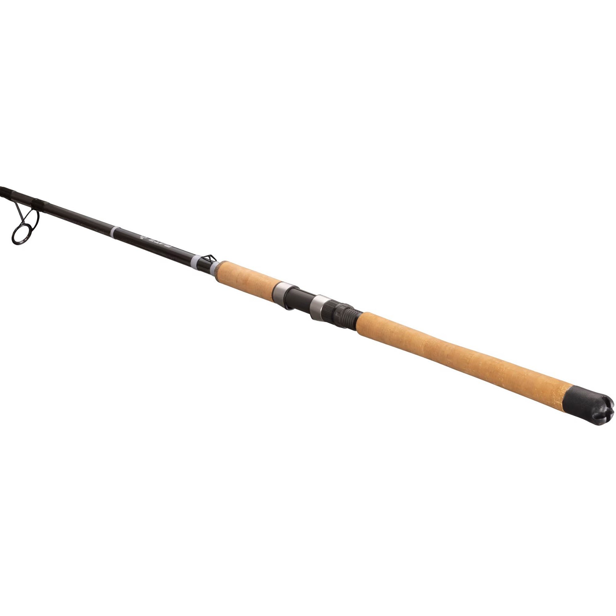Fishing rod with wooden handle and black components on a white background