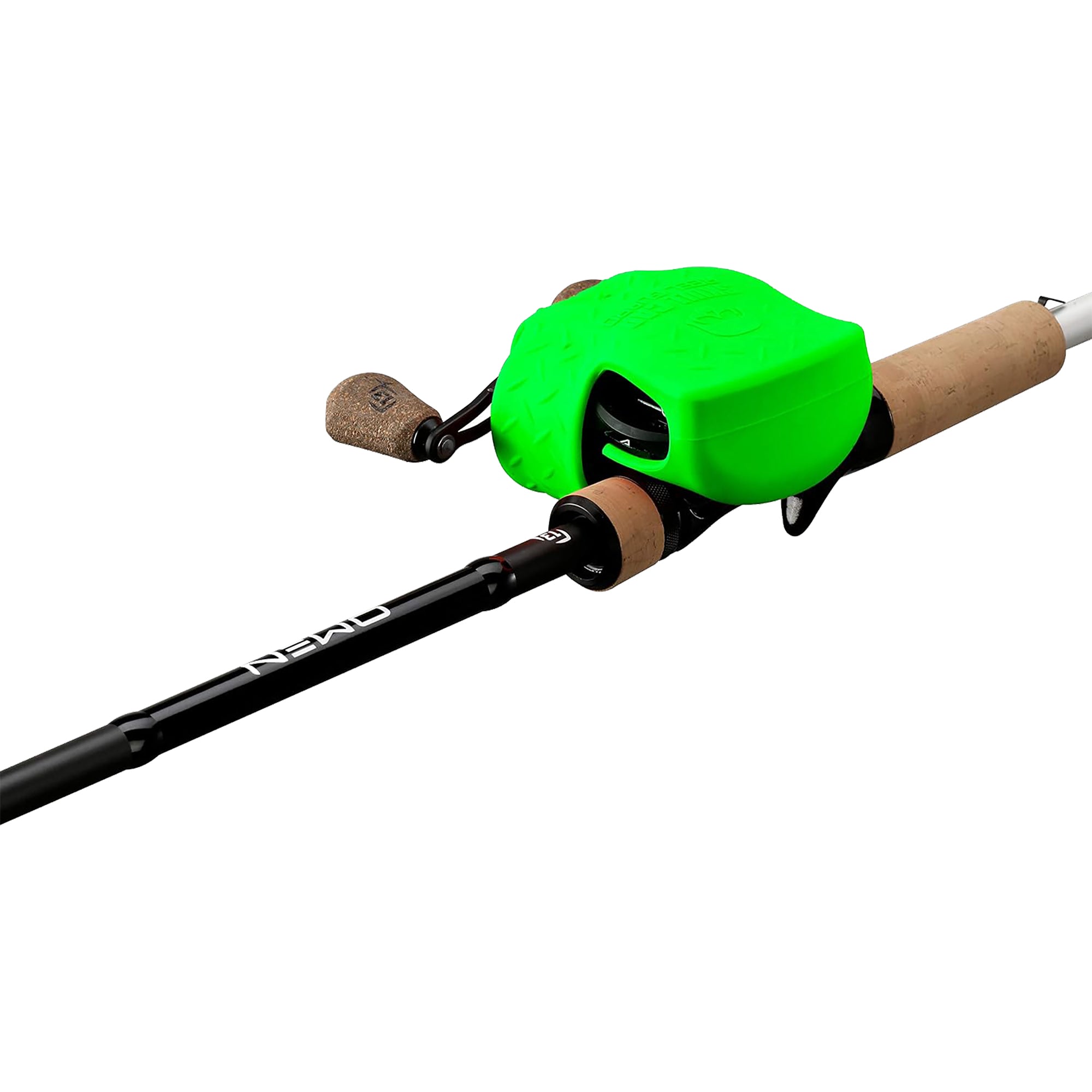 Fishing rod with a green reel cover on a white background