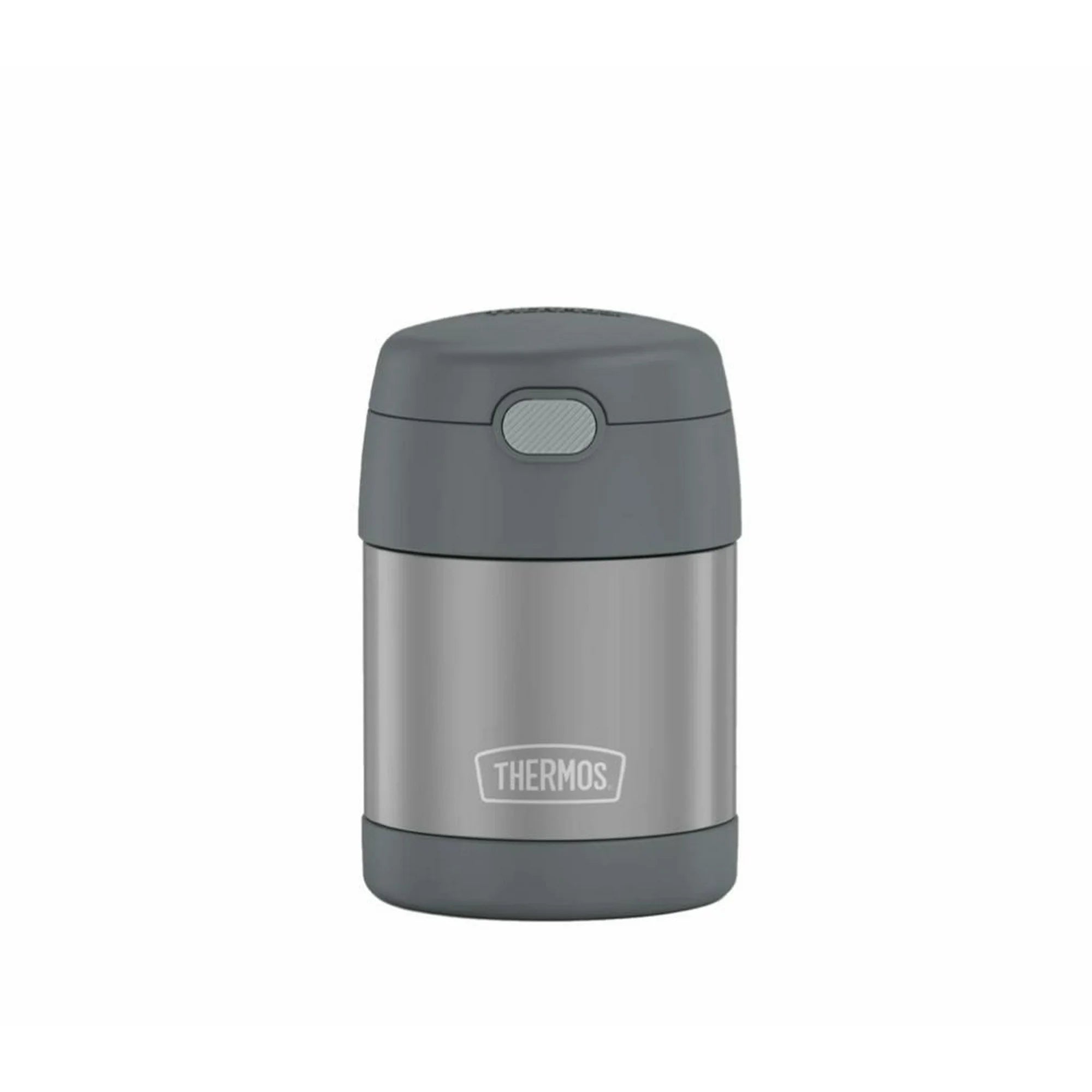 Gray thermos with silver body on a white background