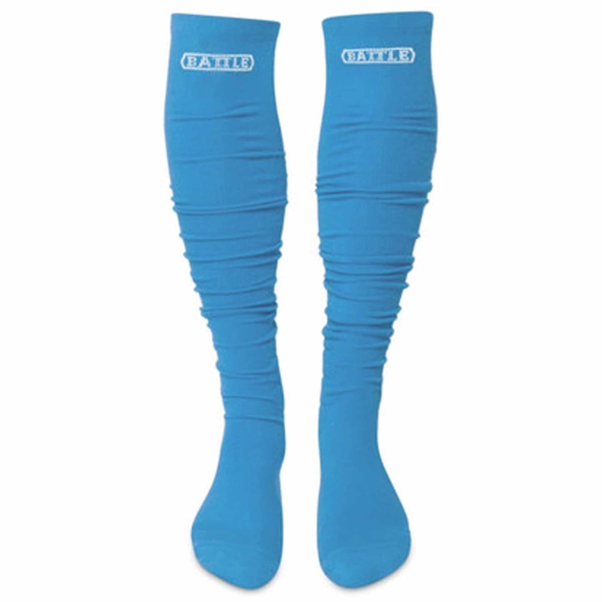 Pair of blue knee-high long football socks with 'Battle' branding on a white background
