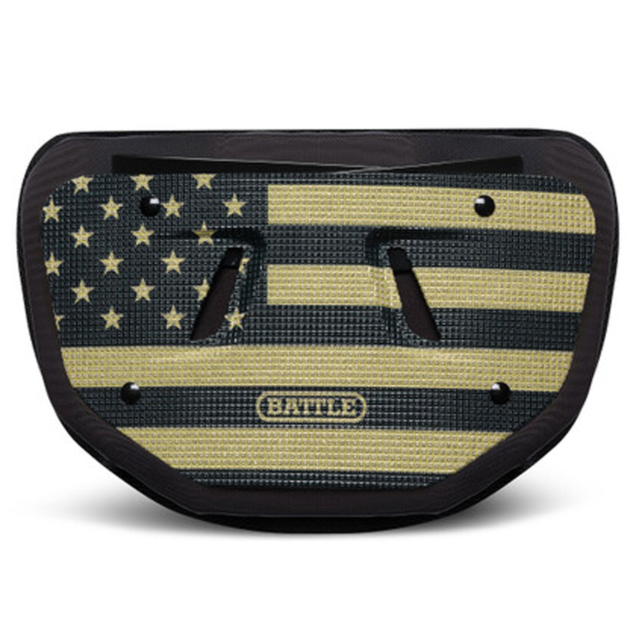 Motorcycle saddlebag with American flag design and 'Battelle' branding on a white background