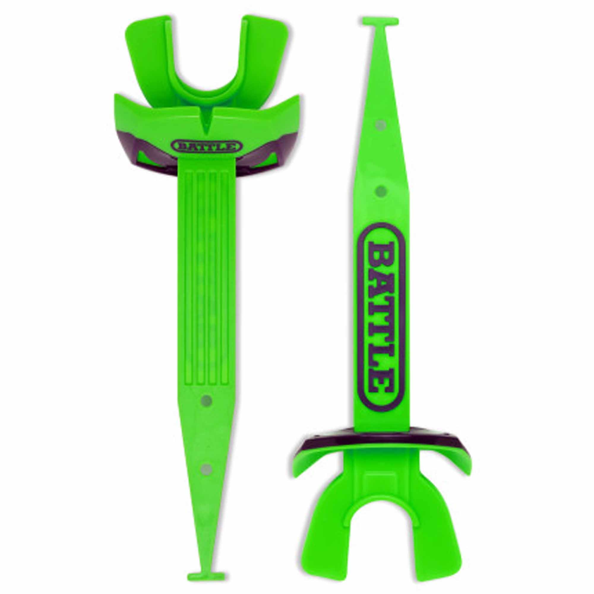Two green plastic football mouthguard with 'BATTLE' branding on a white background