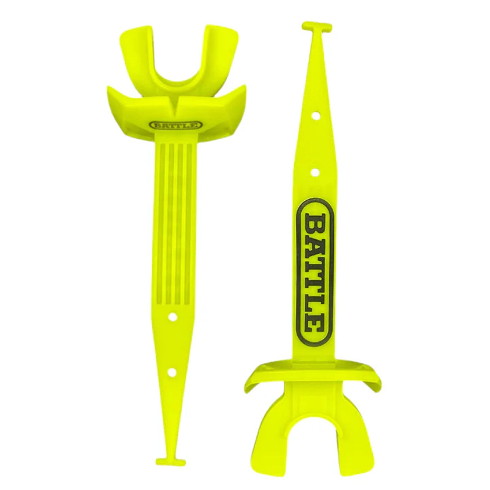 Two yellow football mouthguard with 'BATTLE' branding on a white background