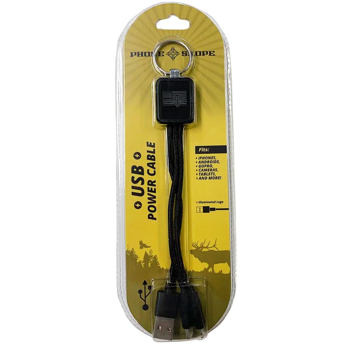 USB charging cable keychain in clear packaging with yellow background