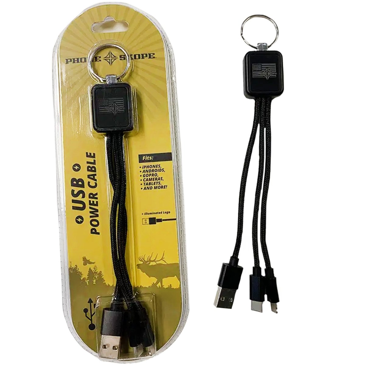 USB charging cable with keychain attachment on a white background