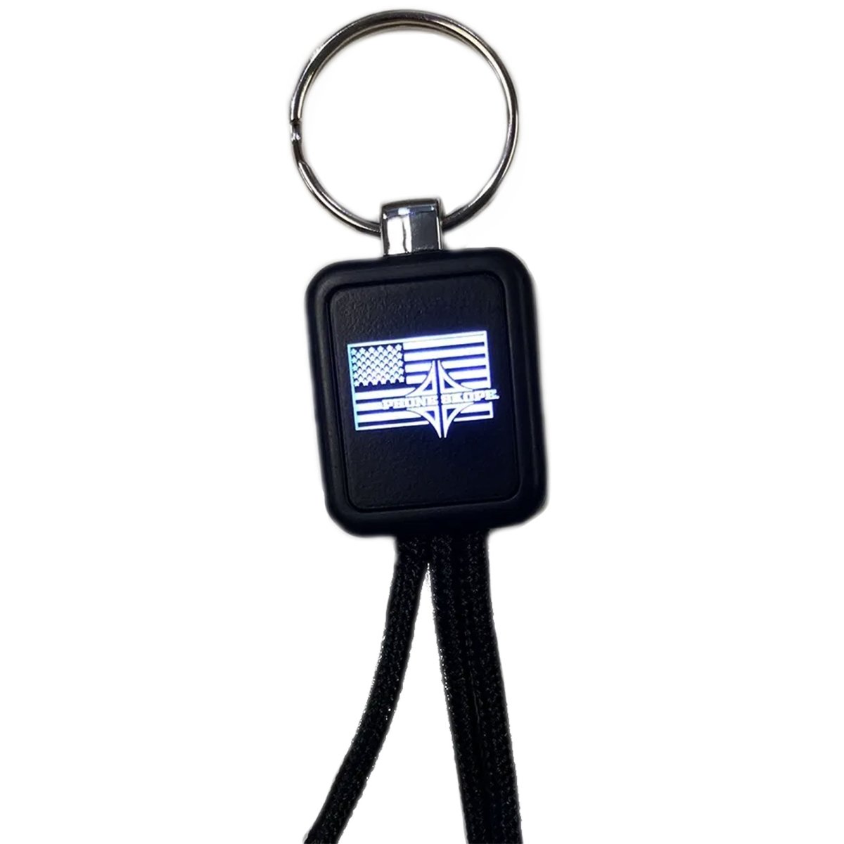 Keychain for USB charging cable with American flag design on a black background