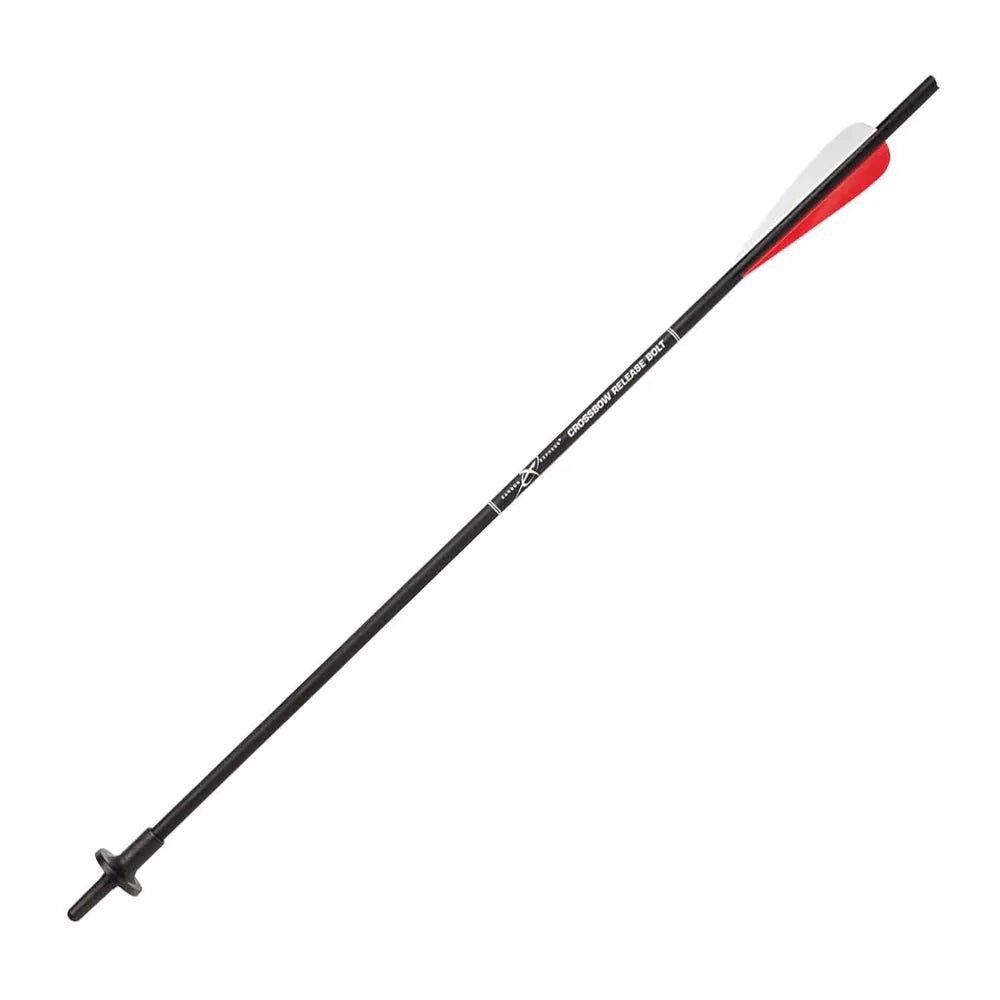 Black archery crossbow release bolt with red and white arrow on a white background