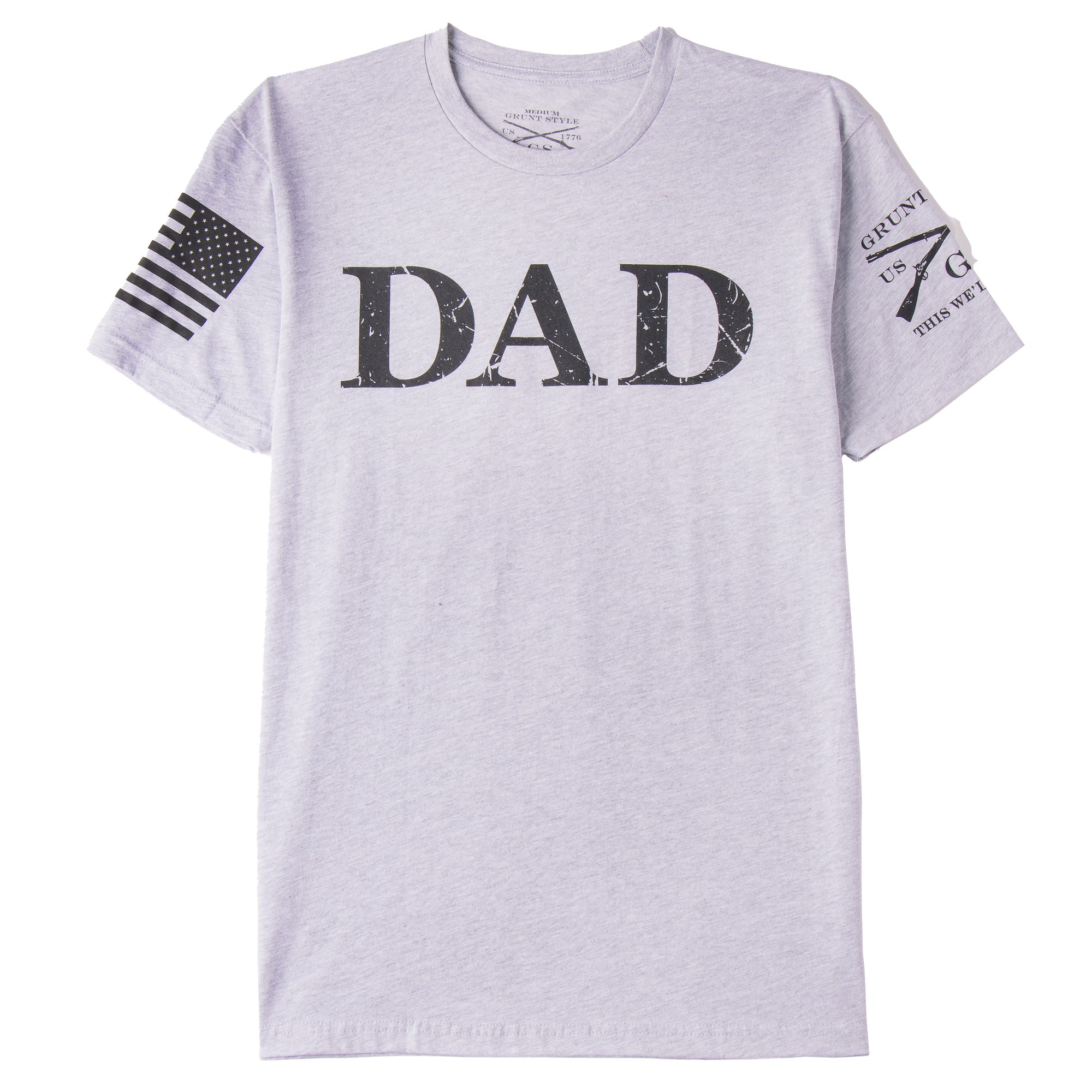 Gray t-shirt with 'DAD' text and sleeve designs on a white background