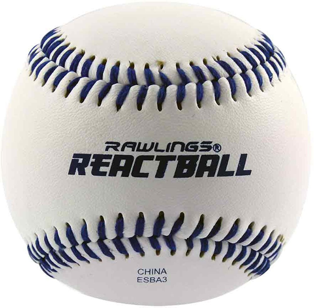 White training baseball with blue stitching and Rawlings React Ball branding on a white background