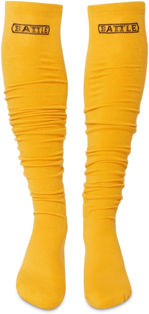 Yellow knee-high long football socks with 'Battle' branding on a white background