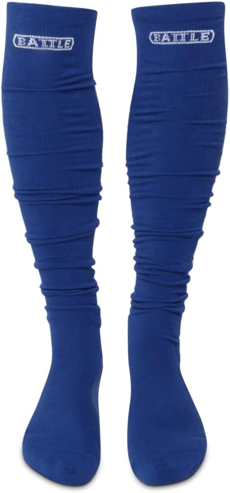 Pair of blue knee-high long football socks with 'Battle' branding on a white background