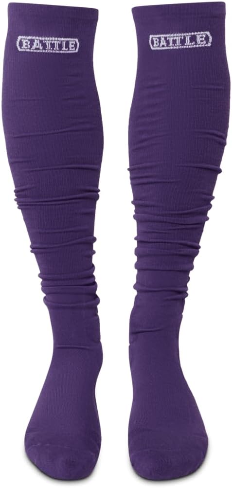 Purple knee-high long football socks with 'BATTLE' branding on a white background