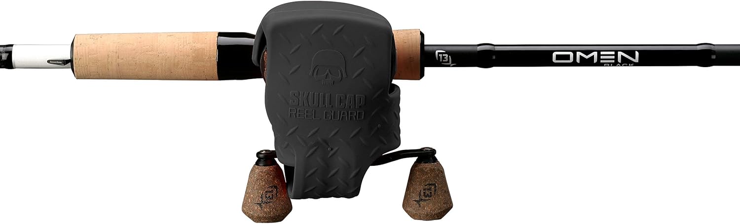 Fishing rod with cork handles and 'Omen' branding on a white background