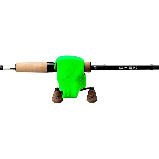 Fishing rod with a green protective cover on a white background