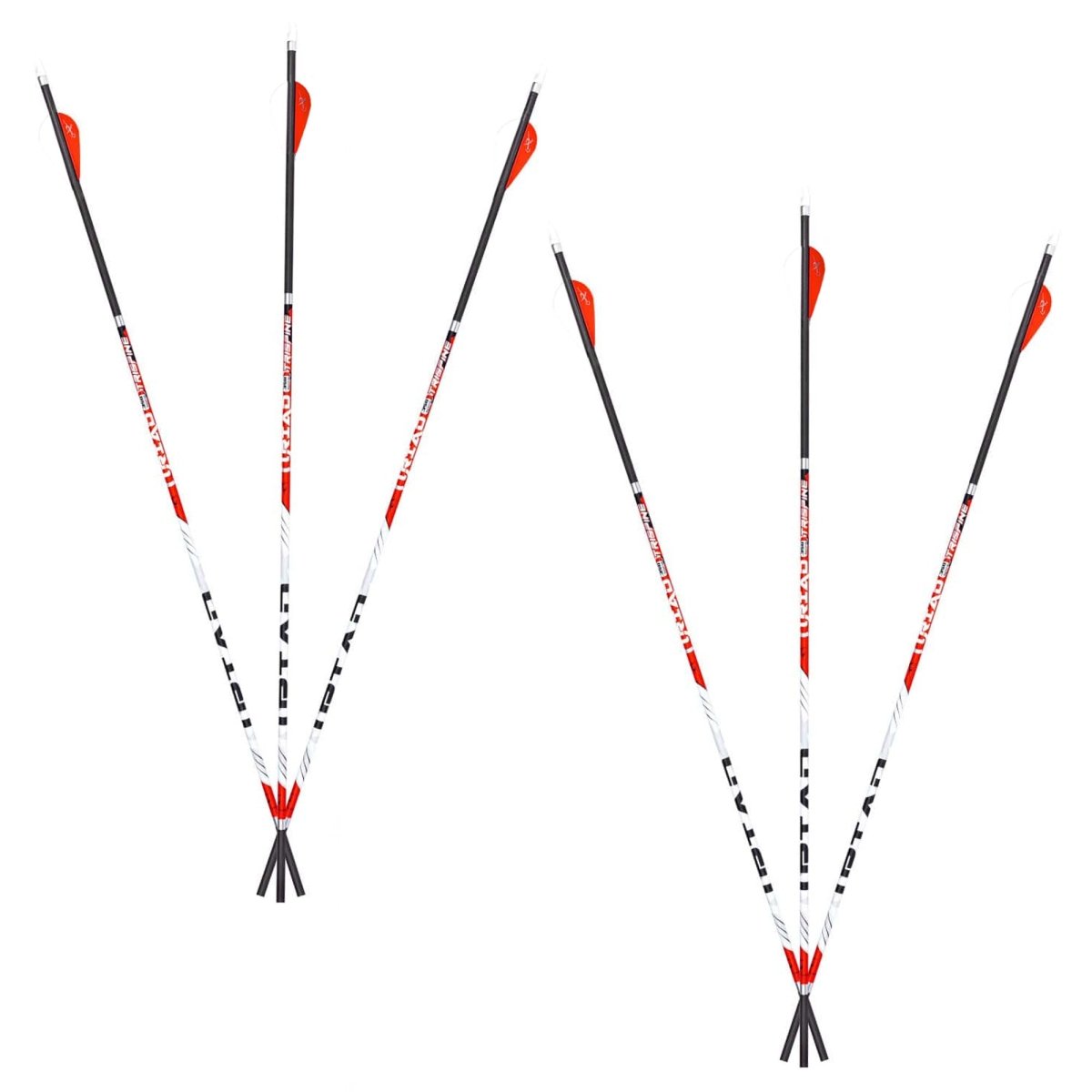 Set of six tried extreme small diameter arrows with black and red designs on a white background