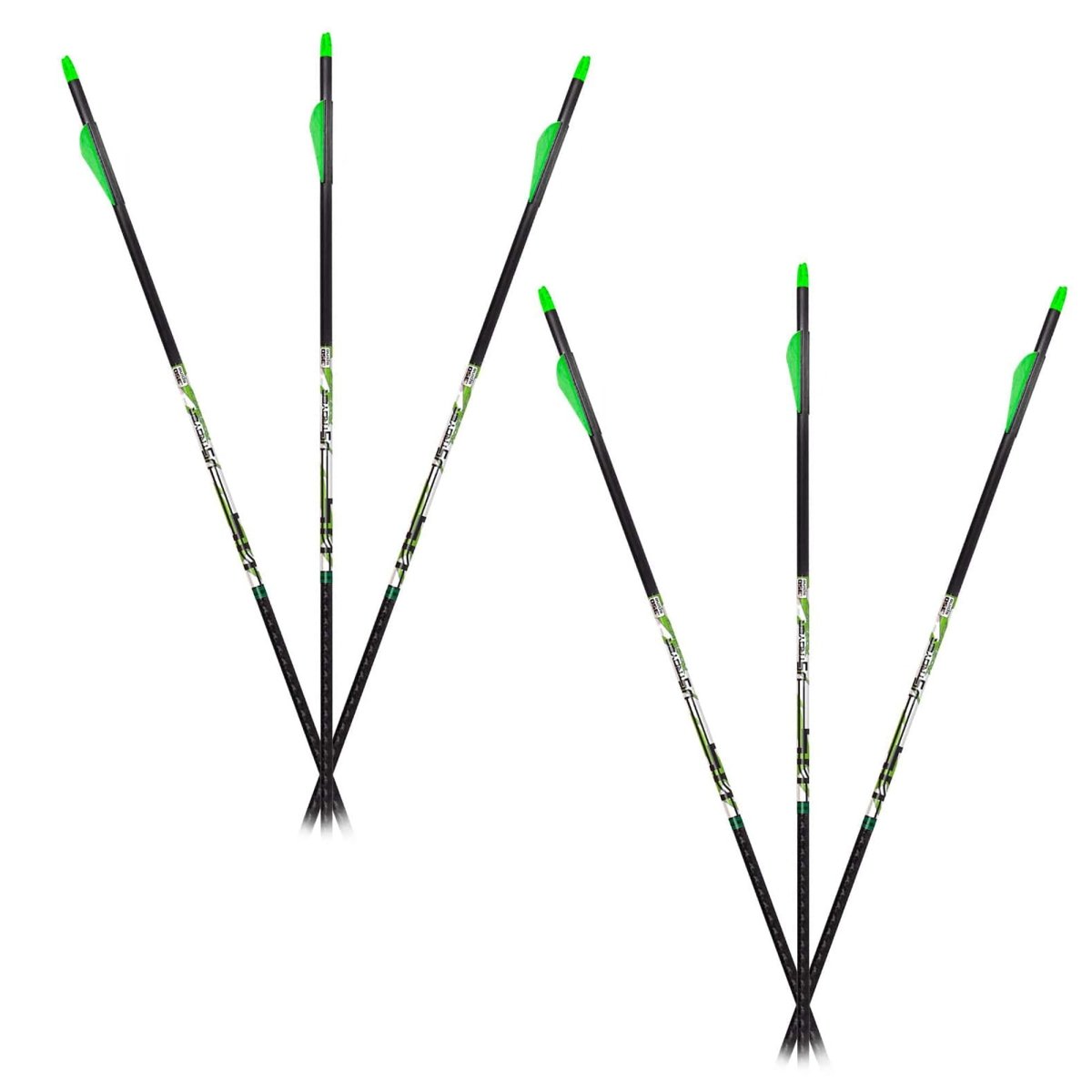 Set of six d-stroyer piledriver arrows with green nocks on a white background