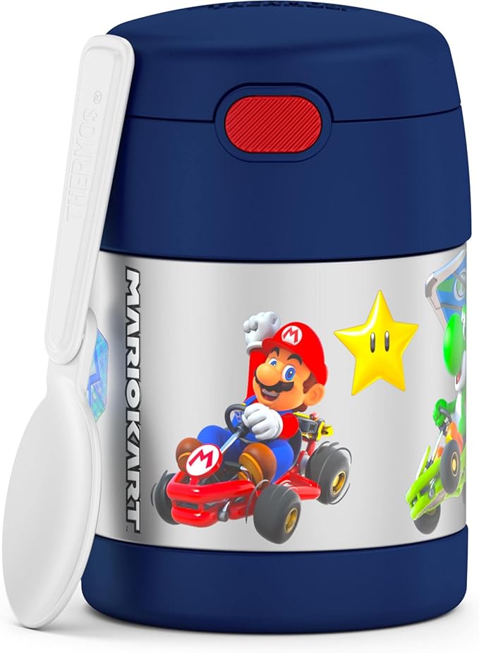 Children's thermos with Mario Kart design featuring characters and graphics.