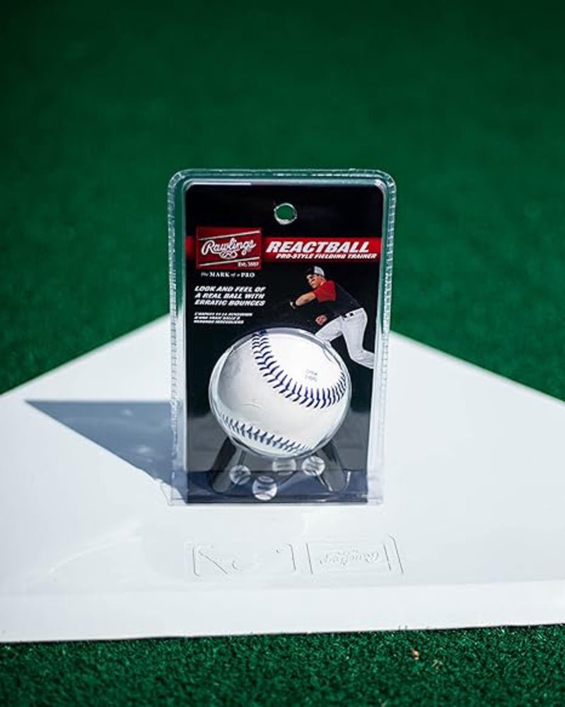 Rawlings Reactball training baseball packaging on a baseball diamond