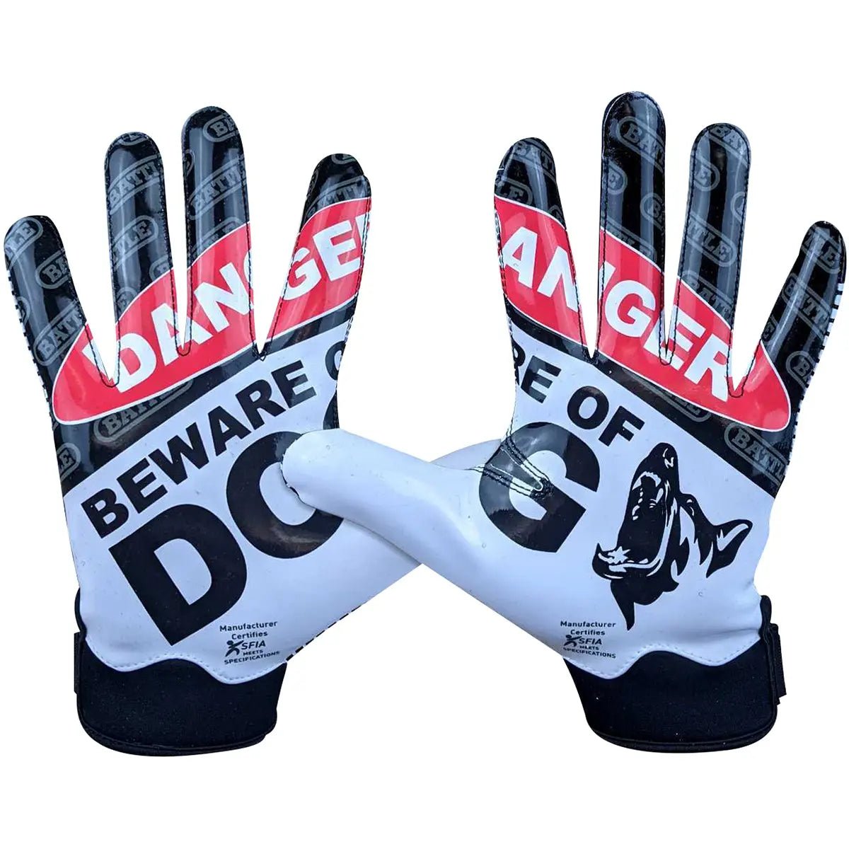 Adult football receiver gloves with 'Beware of Dog' warning text and graphic on a white background